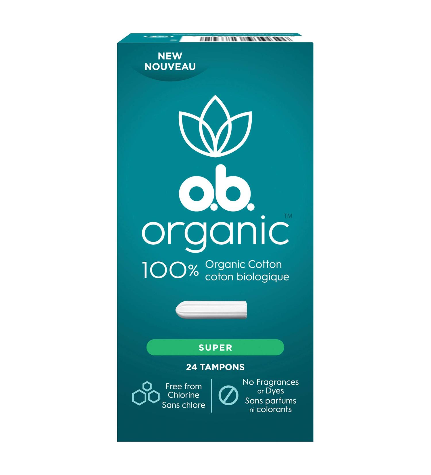 o.b. Organic Super Tampons - 100% Organic Cotton - 8 Hour Leak Protection - 24 Count - Buy Online on GoSupps.com