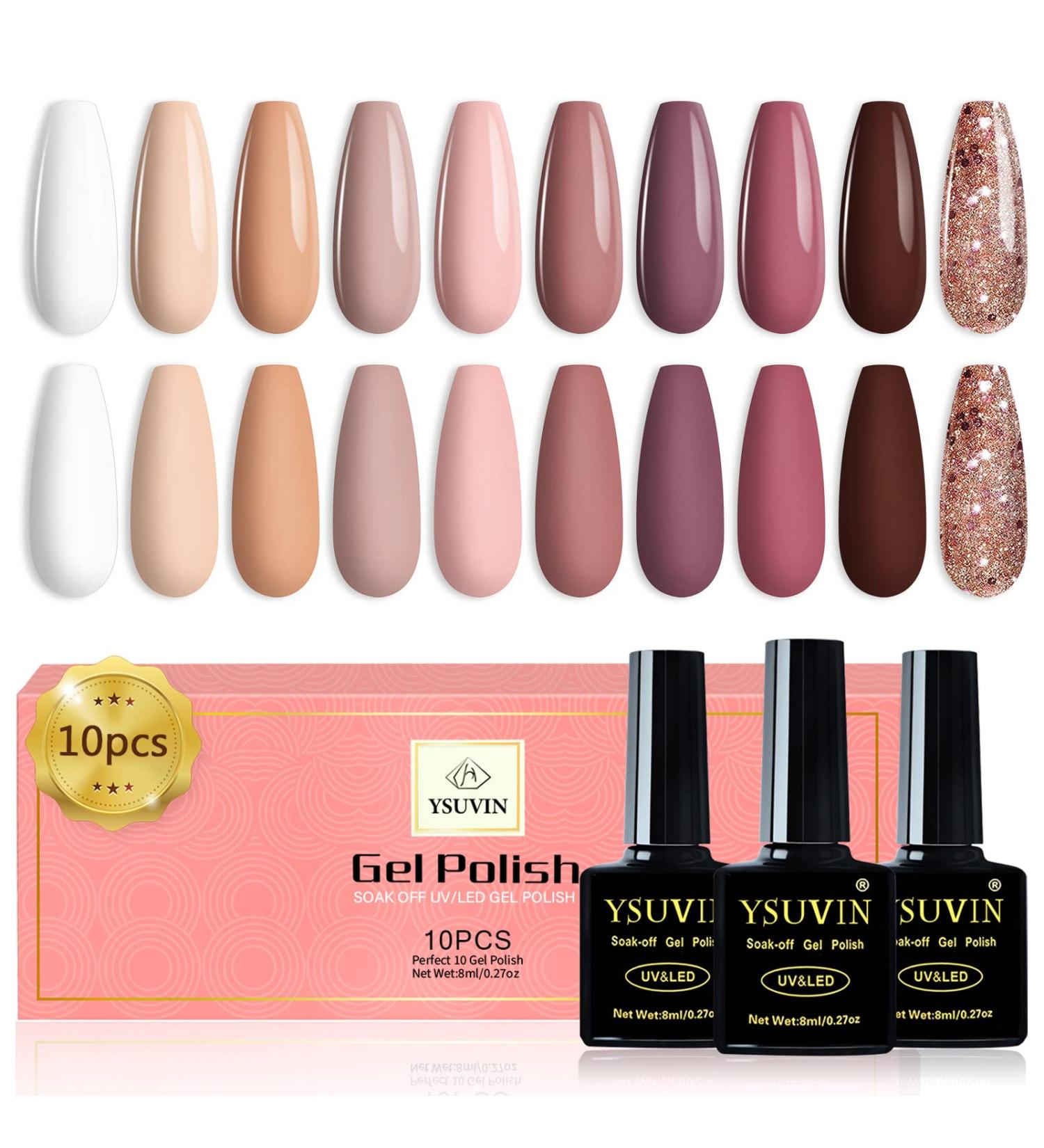 Yueshop 10PCS Gel Nail Polish Set - Beige Glitter Nude Pink White Purple Brown Series | Soak Off UV Varnish for Women - Manicure Beauty Gift - Buy Online on GoSupps.com