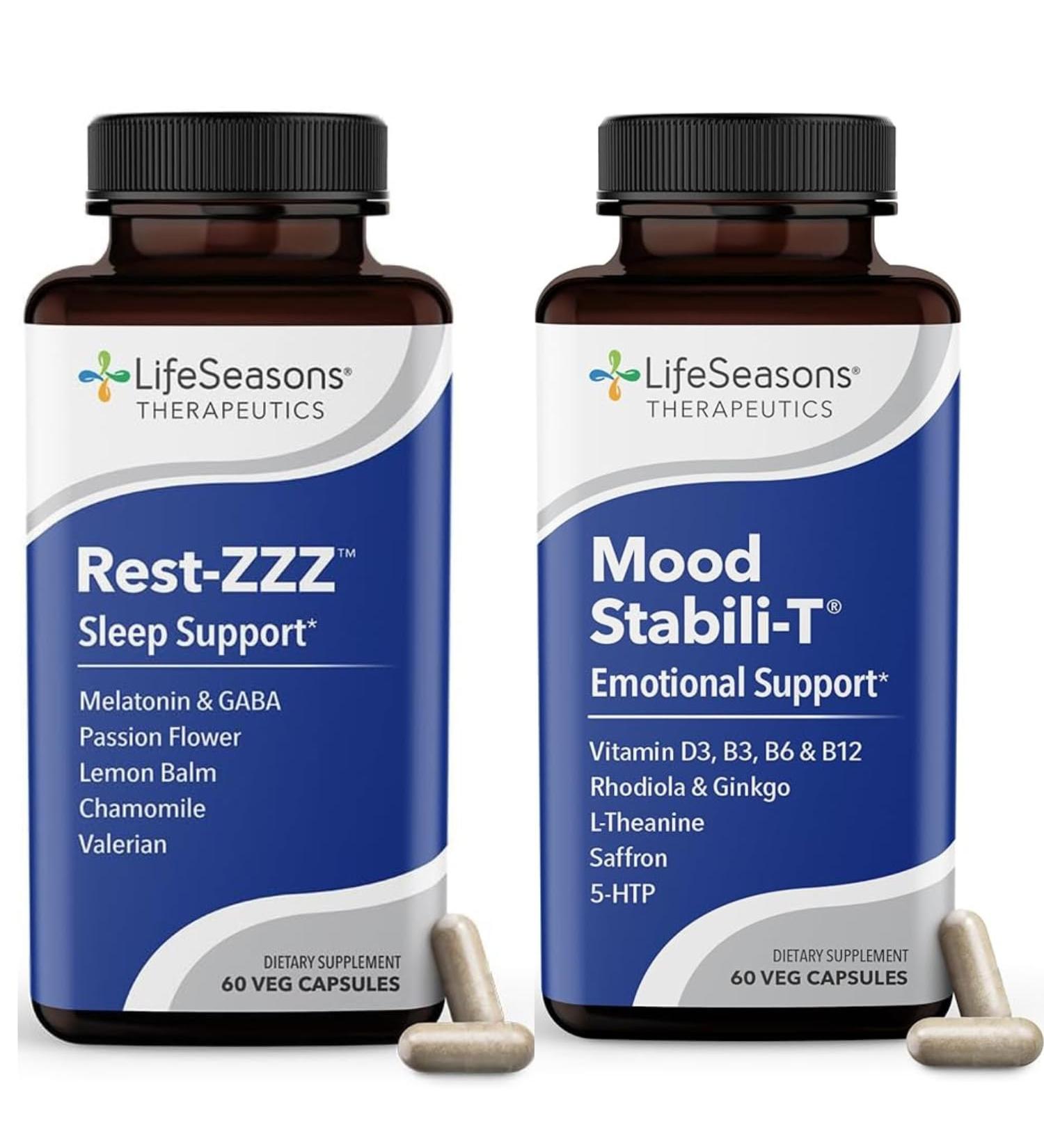 LifeSeasons Rest-ZZZ + Mood Stabili-T Bundle Natural Sleep & Mood Support Fall Asleep & Stay Asleep Promote Calmness Balanced Mood & Happiness Low Dose Melatonin Rhodiola 60 Capsules Each - Buy Online on GoSupps.com