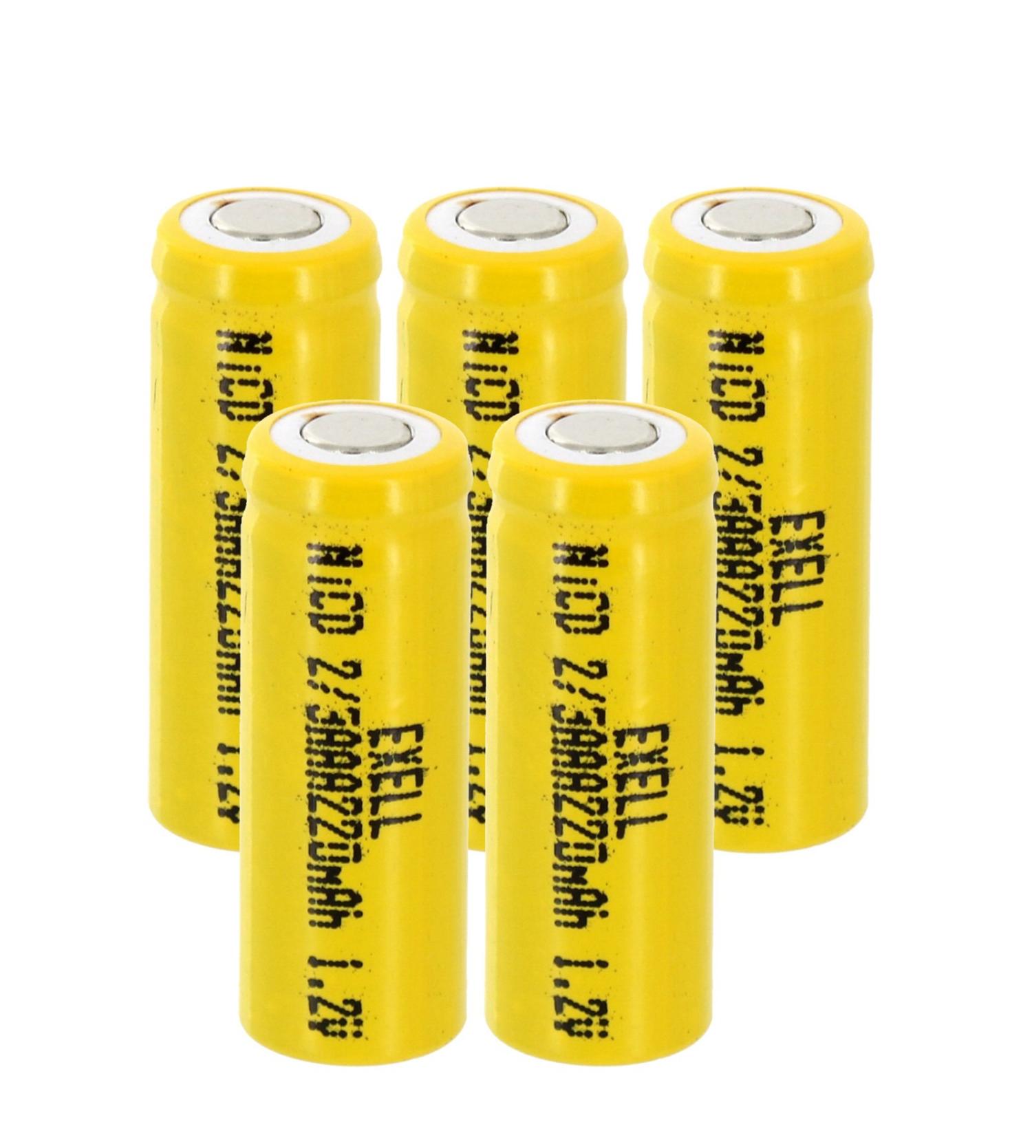 5x Exell 2/3AAA NiCD 220mAh 1.2V Flat top Rechargeable Battery