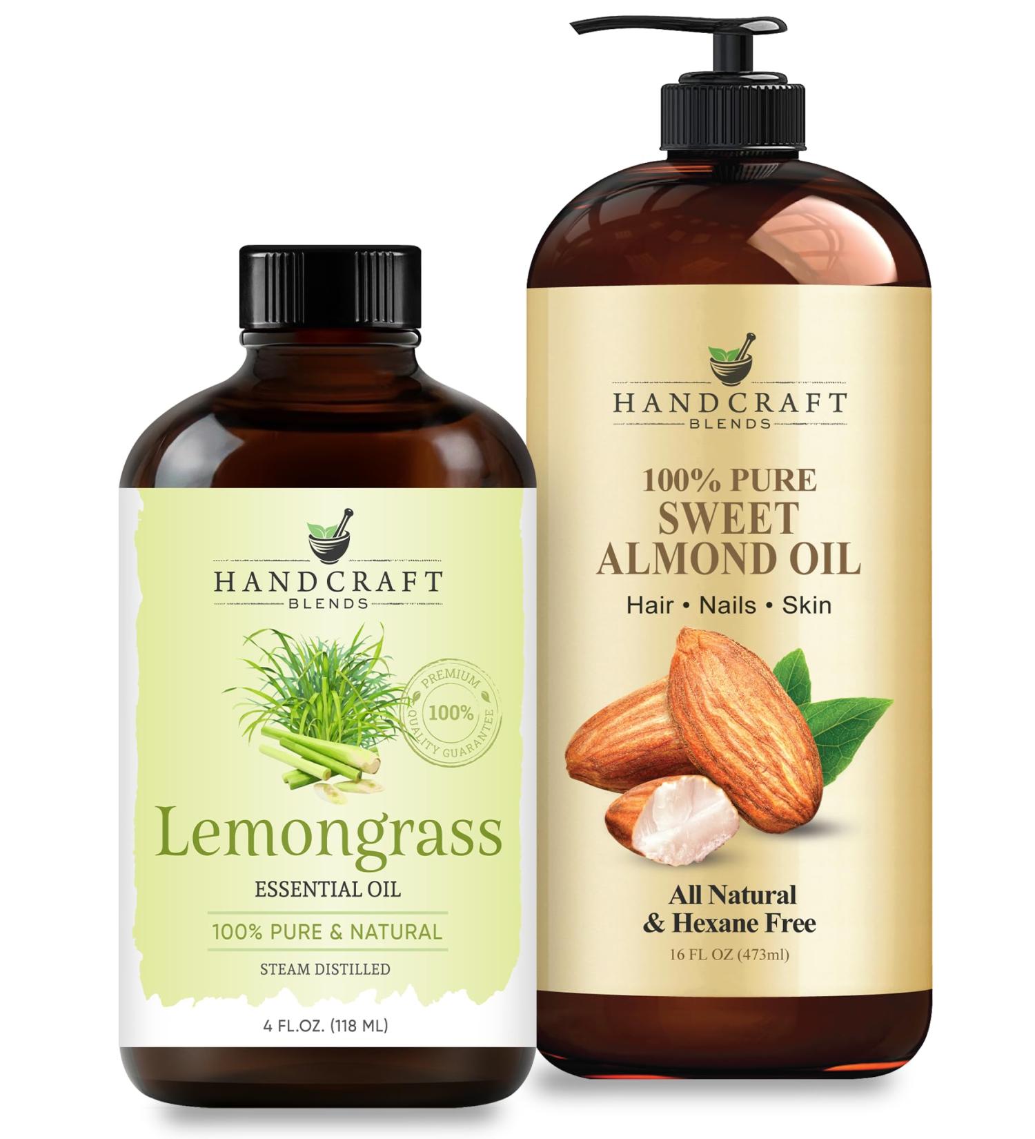 Handcraft Blends Toning Body Set: Sweet Almond Oil (16 Fl Oz) and Lemongrass Essential Oil (4 Fl Oz) 100% Pure & Natural for Invigorating Massage and Skin Firmness - Buy Online on GoSupps.com