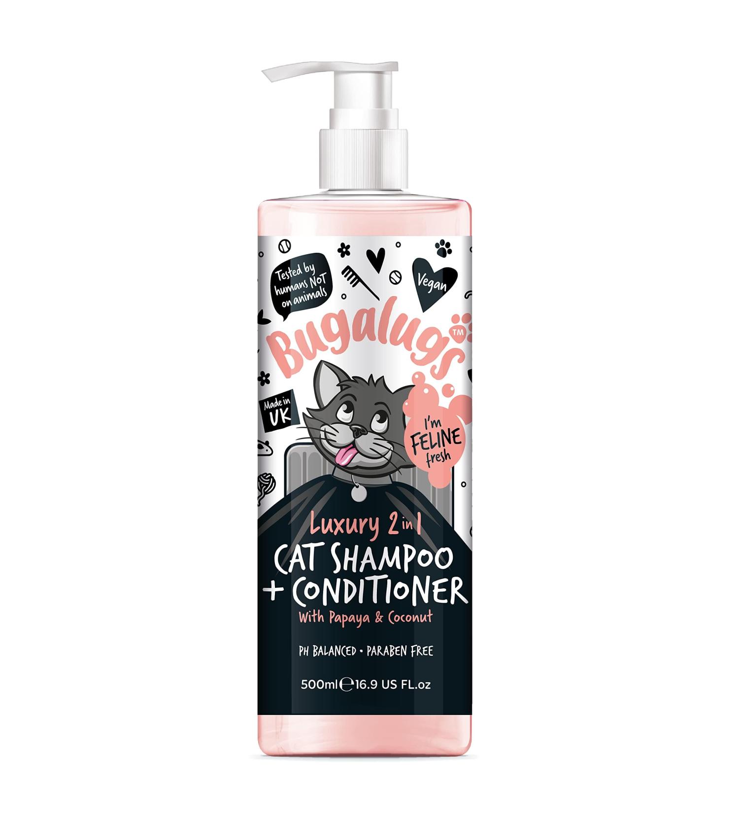 Bugalugs 2 in 1 Cat Shampoo & Conditioner. Cleansing nourishing and conditioning for all cat hair. Papaya & Coconut calming scent. For all cats and kittens. cat & kitten grooming (500ml Shampoo) - Buy Online on GoSupps.com