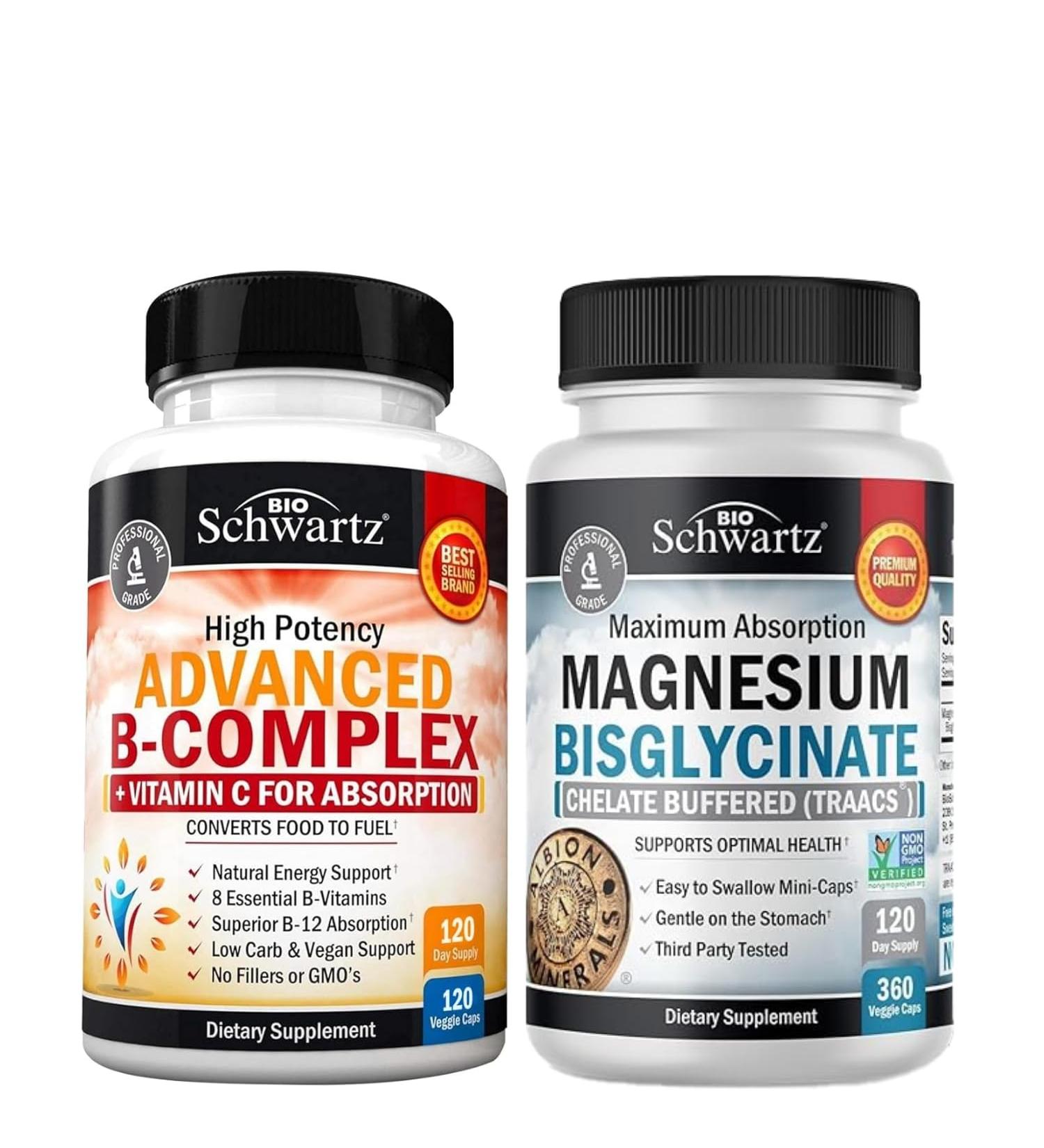 Vitamin B Complex with Vitamin C (4 Month Supply) Plus High Absorption Magnesium Bisglycinate Capsules (4 Month Supply) - Buy Online on GoSupps.com