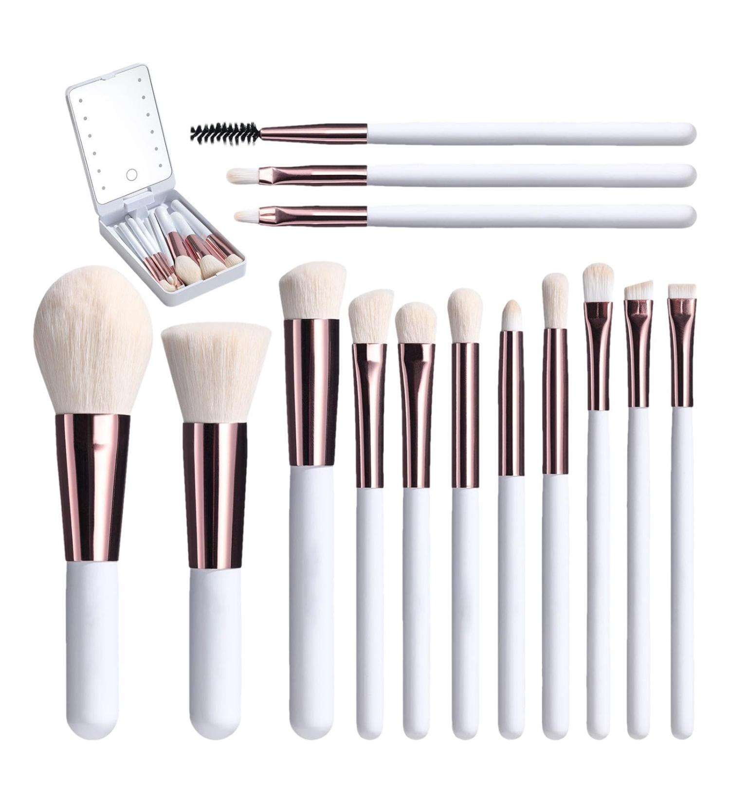 Travel Makeup Brush Set - 14 Small Make up Brush Sets for Women Makeup Brush Kit with LED Cosmetic Brush Set with Storage Box Portable Beauty Brush Set for Girls Womens White - Buy Online on GoSupps.com