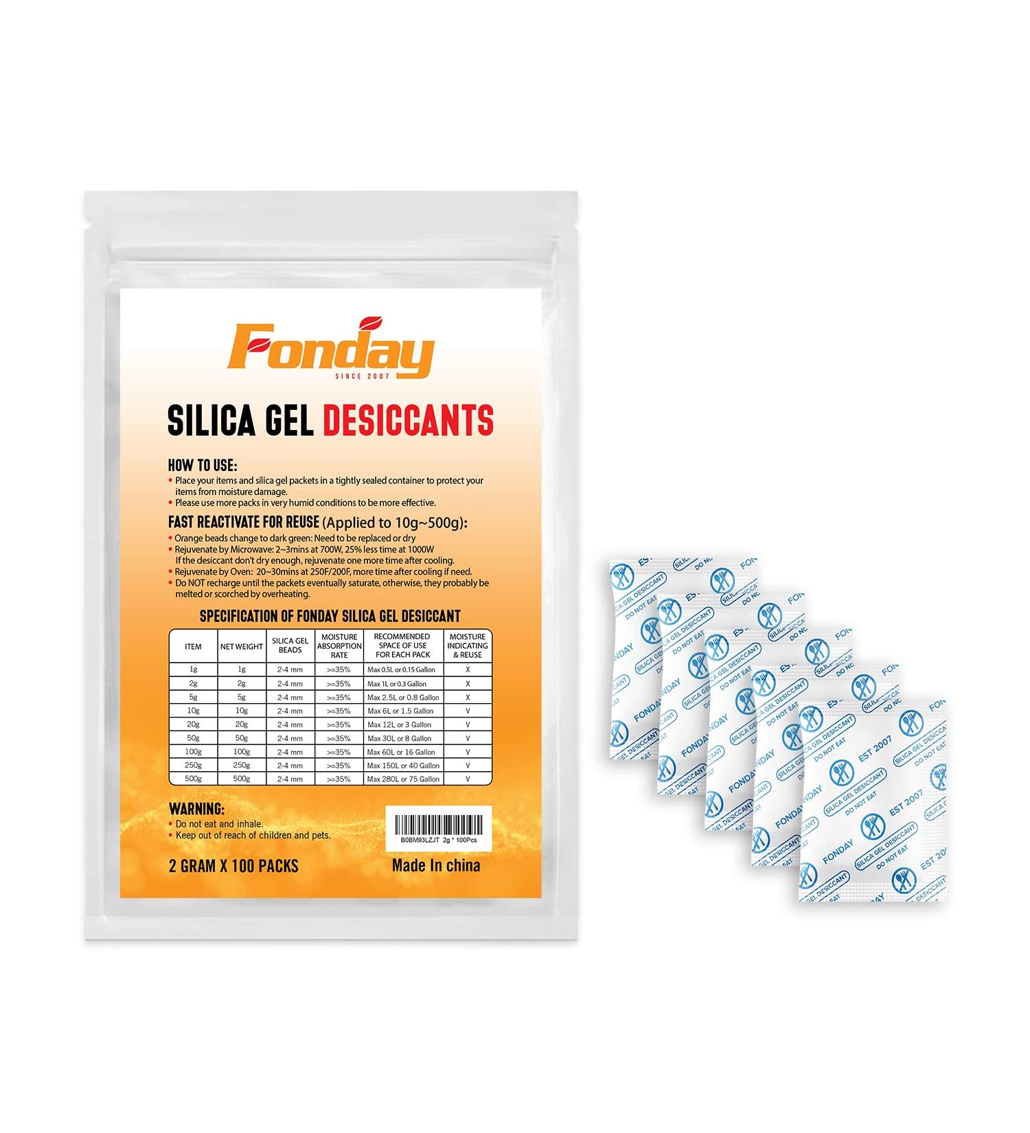 Buy 2 Gram Fonday Food Grade Silica Gel Pack - 100 Pack Moisture Absorber & Dehumidifier for Effective Humidity Control | International Shipping Available - Buy Online on GoSupps.com
