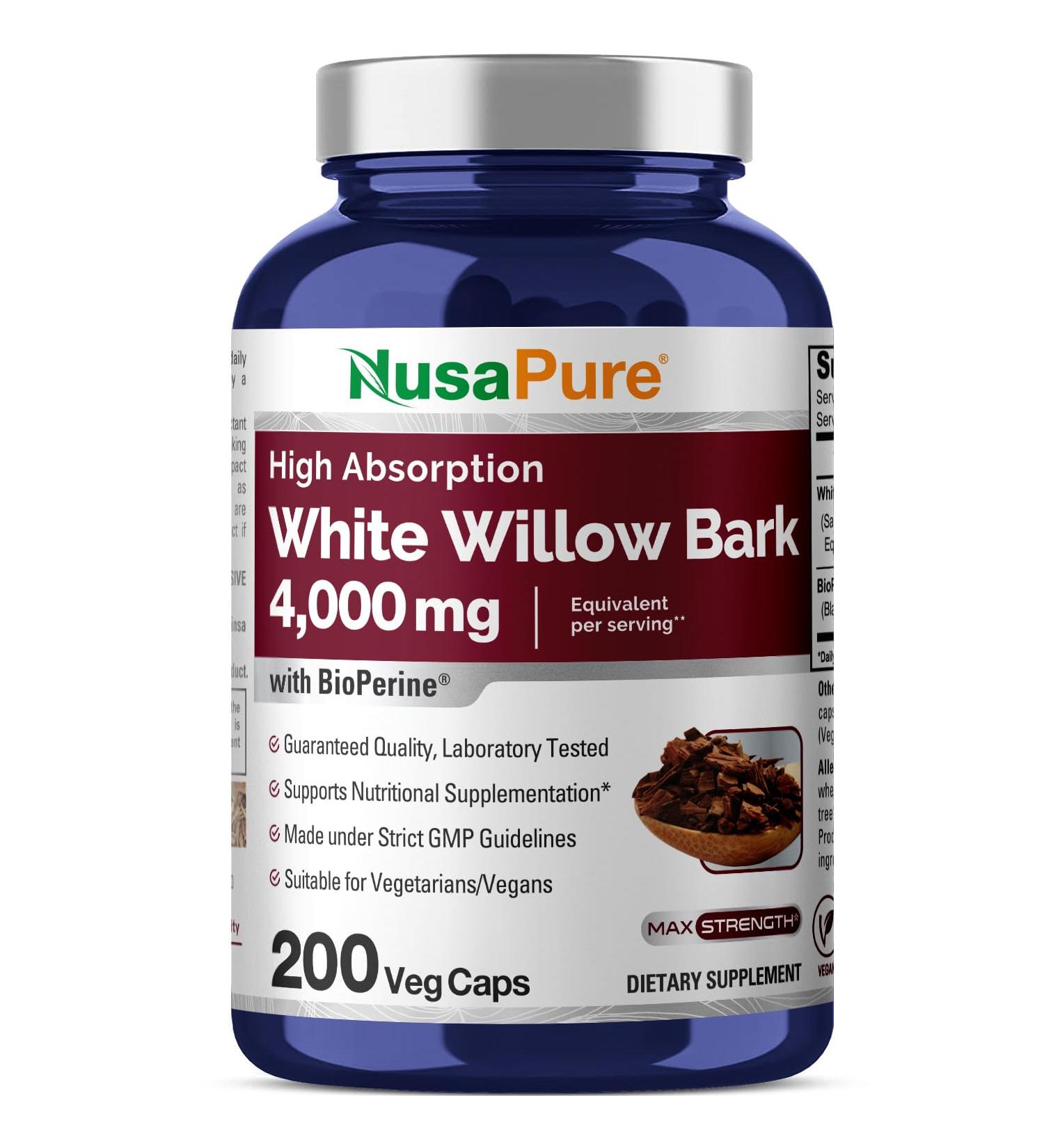 Buy NusaPure White Willow Bark 4000mg - Max Strength Veggie Capsules Non-GMO with Bioperine - 200 Count for Optimal Health - Buy Online on GoSupps.com