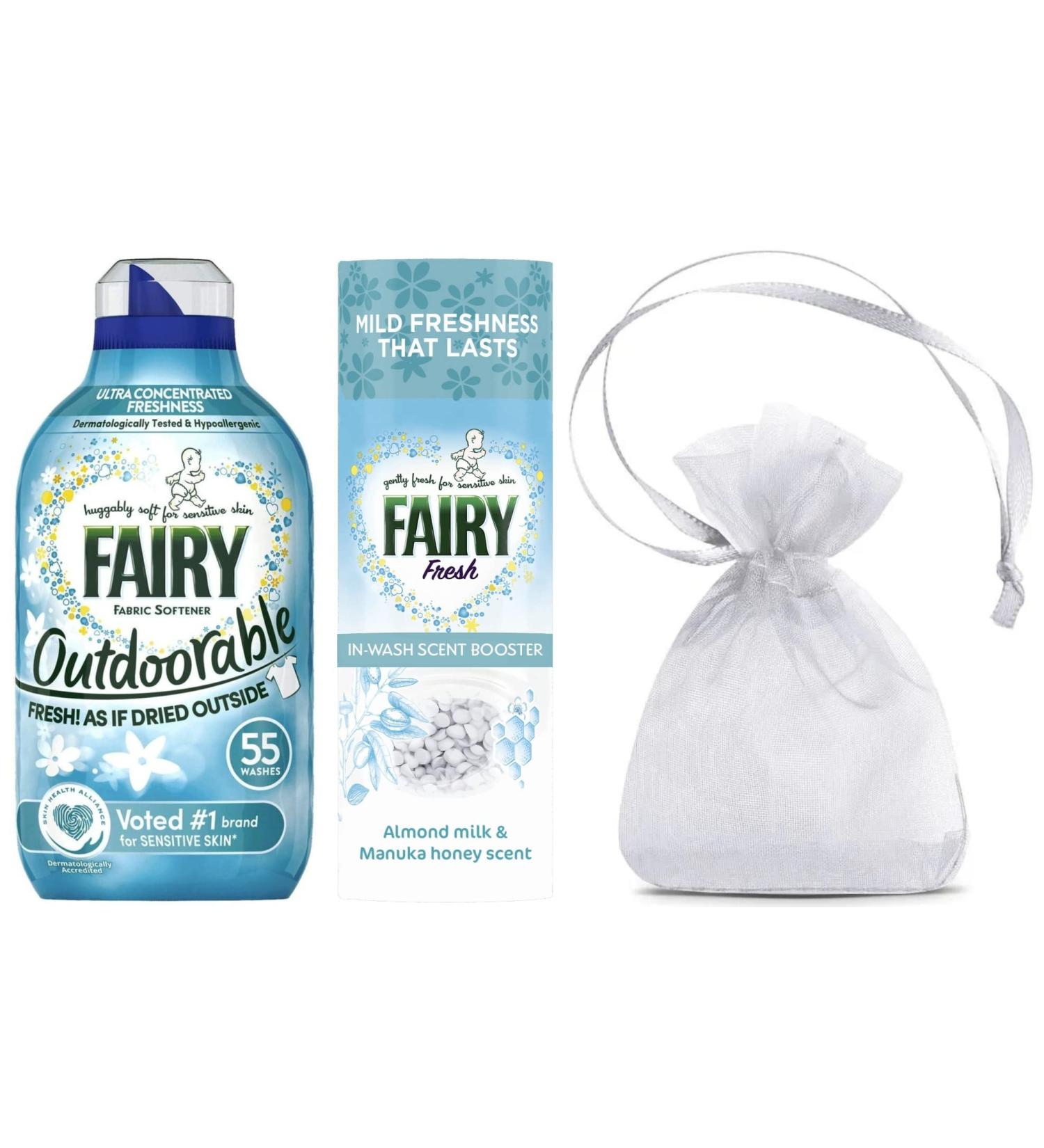 Fairy Outdoorable Non Bio Fabric Conditioner 1Pk 55washes 770ml + Fairy Fresh in Wash Scent Booster Beads Almond Milk & Manuka Honey Scent 1Pk 176gr + Our Gift for You: Organza Bag Size: 9x7x0.1cm - Buy Online on GoSupps.com