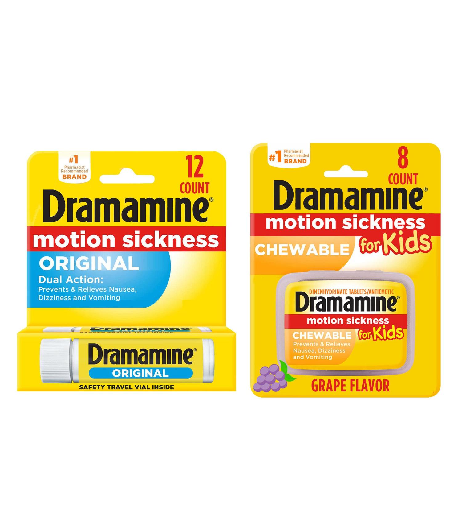 Dramamine Motion Sickness Family Pack | Chewable Tablets for Kids & Original Formula - Buy Online on GoSupps.com