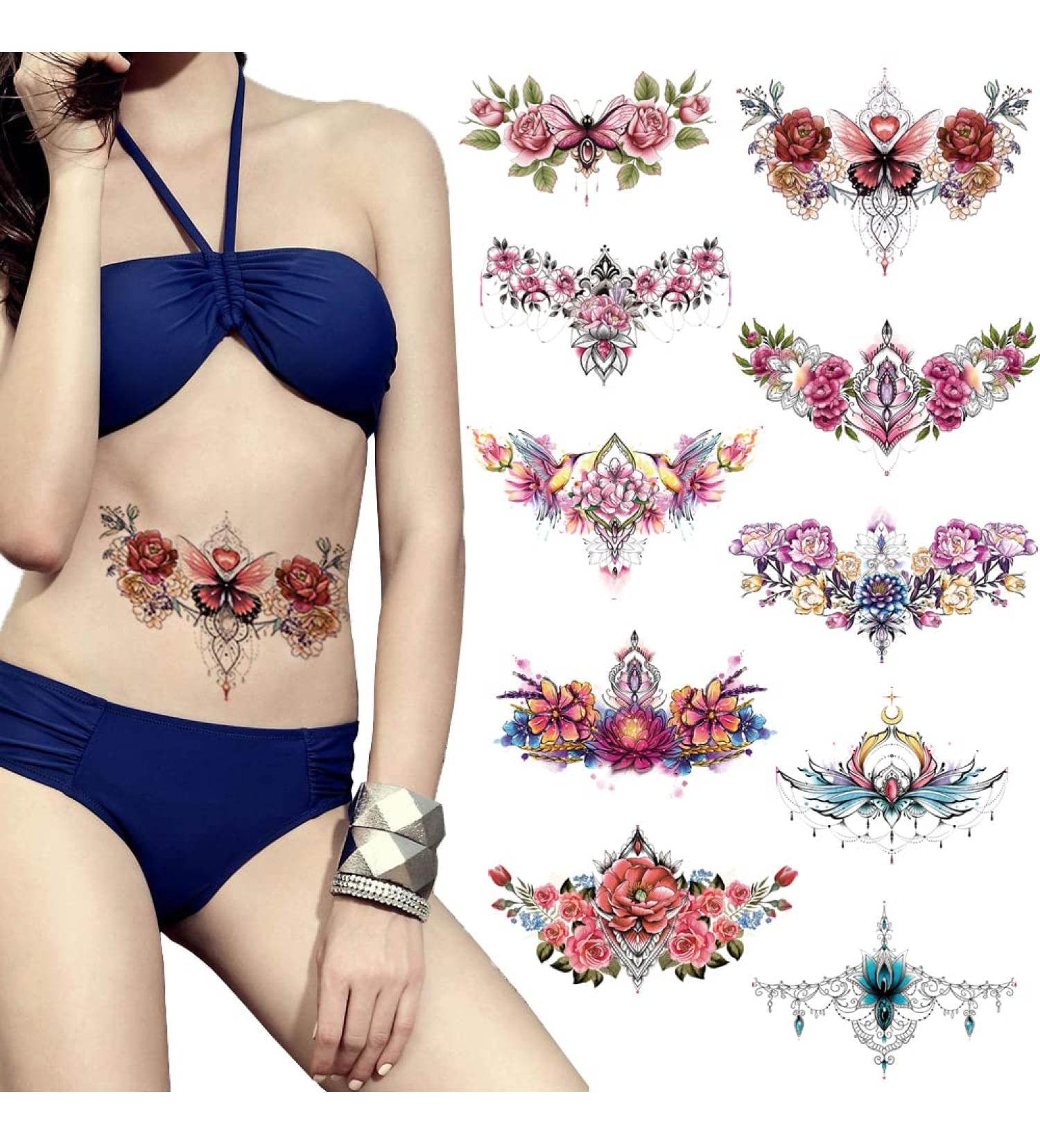 10-Sheet Realistic Butterfly Flower Temporary Tattoos for Women - Waterproof Body Art Stickers for Waist, Thigh, Chest, Hip - Long Lasting - Buy Online on GoSupps.com