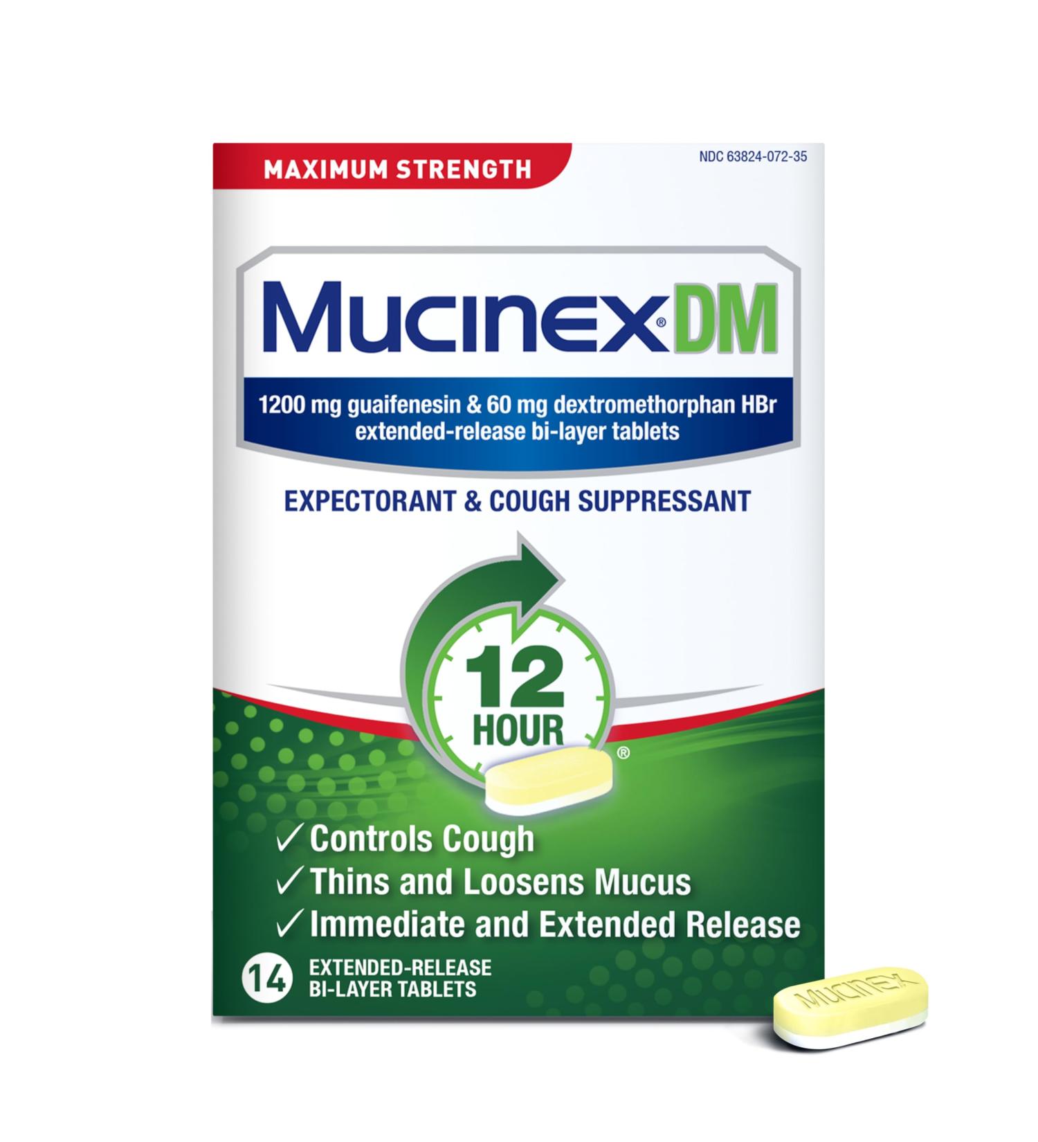 Mucinex DM 12Hr Maximum Strength - Chest Congestion & Cough Medicine for Adults | 1200mg Guaifenesin & 60mg Dextromethorphan HBr | Fast Mucus Relief | 14 Bi-Layer Tablets - Buy Online on GoSupps.com