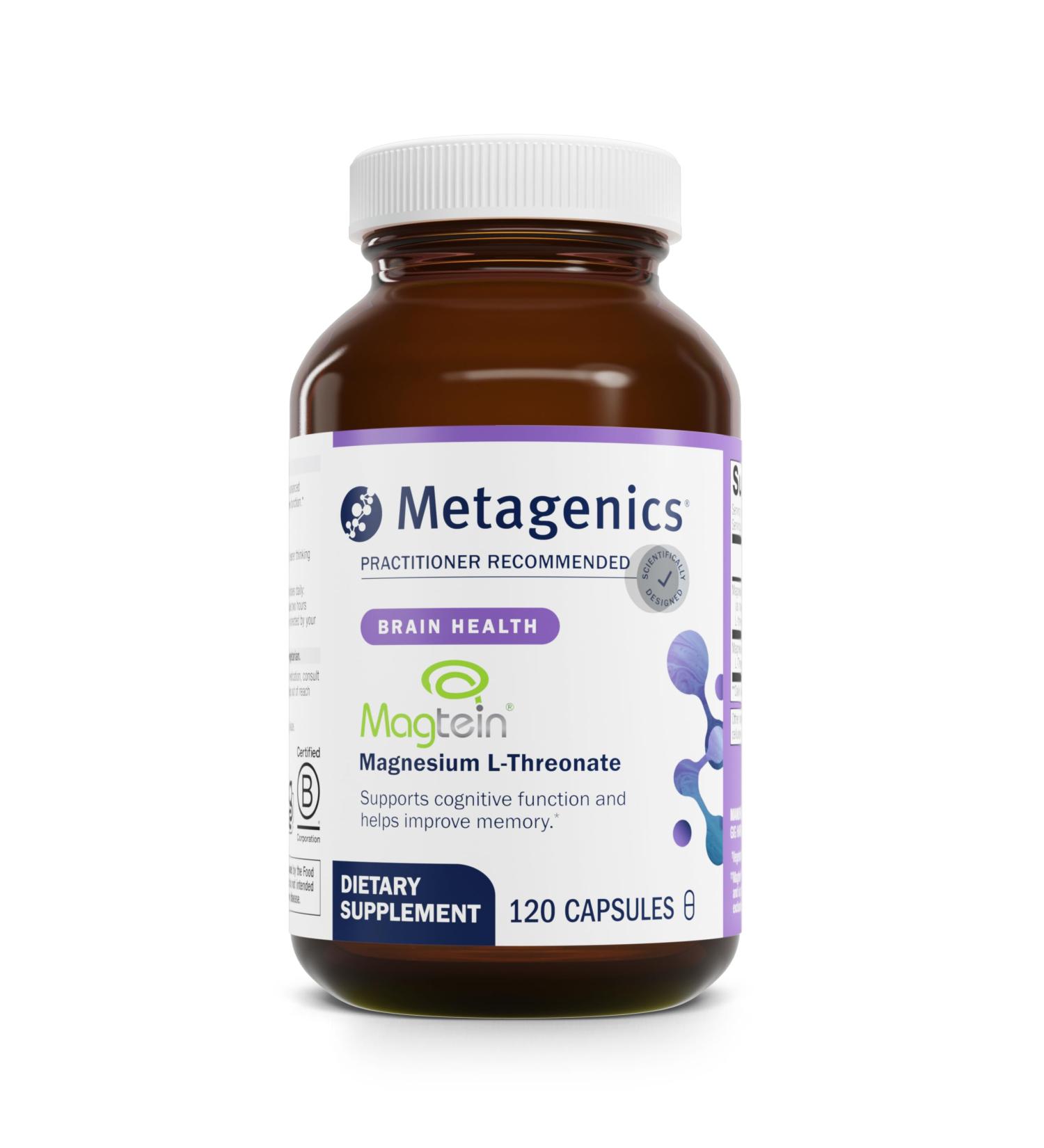 Metagenics Magnesium L-Threonate - Magtein Magnesium for Brain Health Memory Learning & Cognitive Support - Clinically Studied Bioavailable Form - Non-GMO Gluten-Free Vegan - 120 Capsules - Buy Online on GoSupps.com