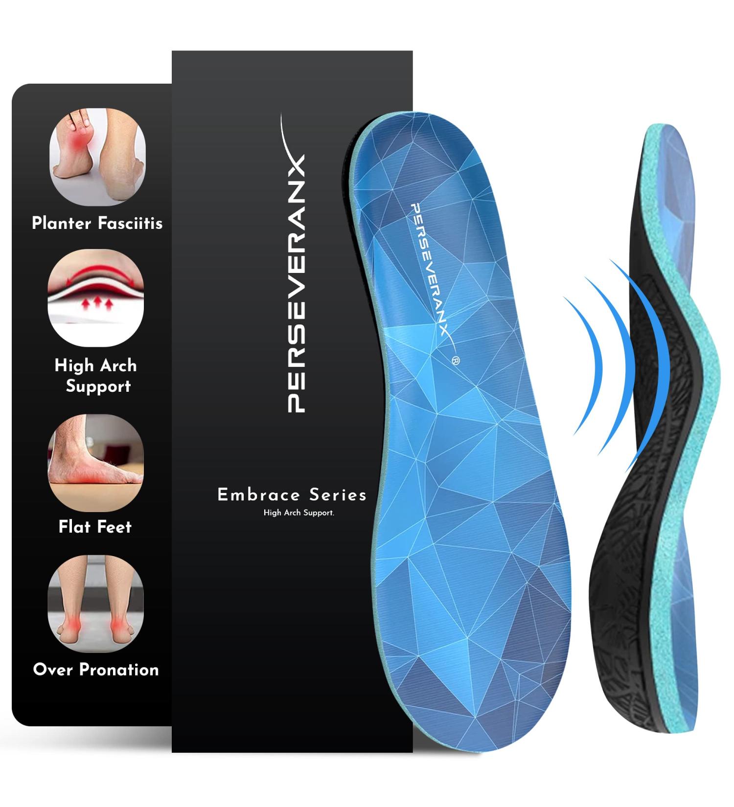 NASA Grade Plantar Fasciitis Insoles - High Arch Support for Men and Women - Relief from Flat Foot Pain - Orthotic Inserts for Work and Standing - Blue - Size M - Buy Online on GoSupps.com