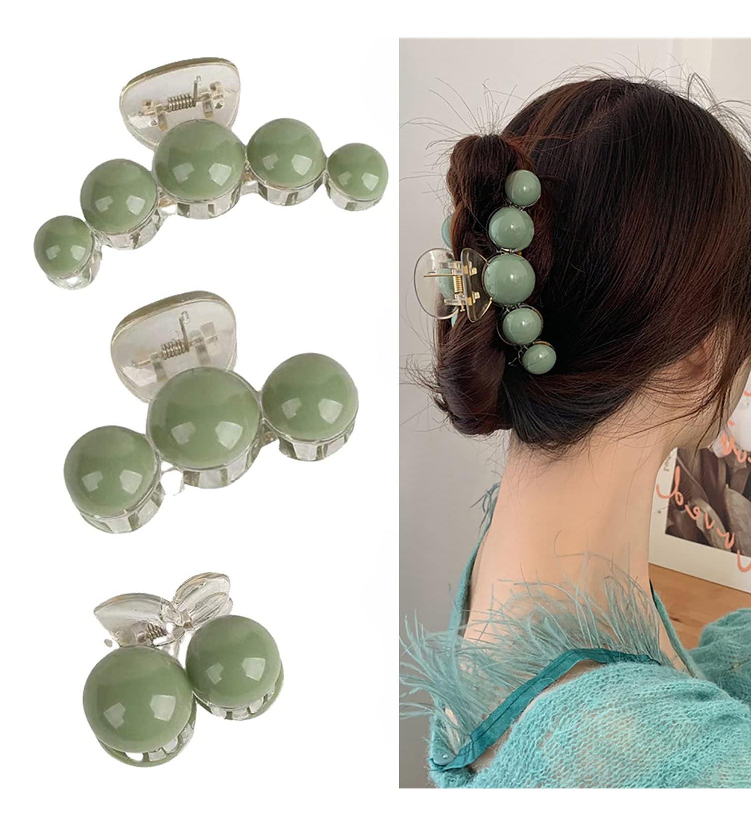 3 Pack Green Pearl Hair Claw Clips - Non-slip Hair Jaw Clips Set for Women and Girls - Decorative Hair Accessories in Big Medium Small Sizes - Green - Buy Online on GoSupps.com