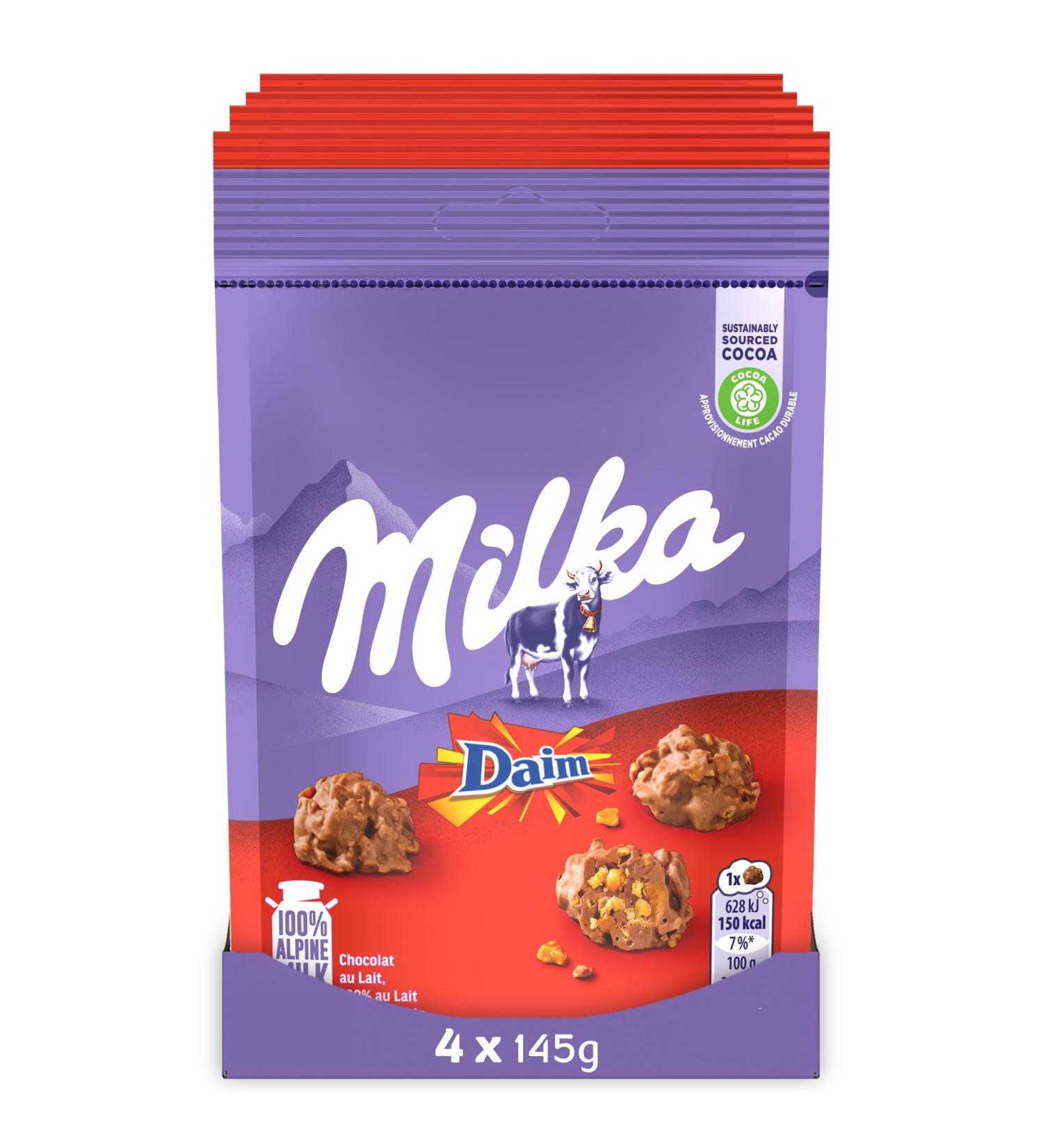 Milka DAIM - Pack of 4 Sachets of Snax Milka Suede - Cornflakes and Suede Coated with Milka Milk Chocolate - Soft Chocolate Alpine Milk - Pack of 4 x 145 g - Buy Online on GoSupps.com