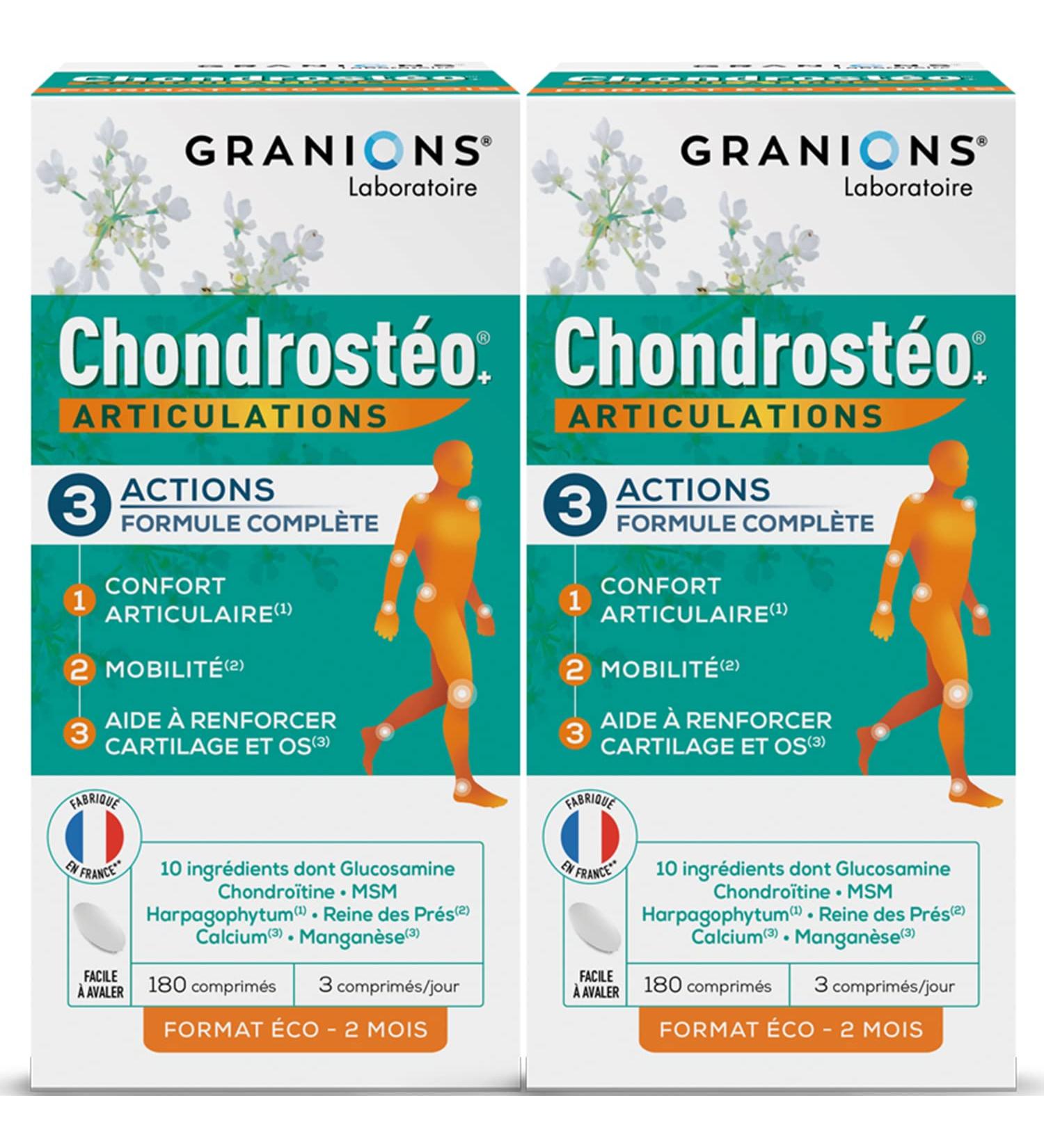 GRANIONS Chondrosteo+ Joints 2 x 180 Tablets Glucosamine Chondroitin Msm Harpagophytum Bamboo Silicon Triple Action: Mobility & Joint Flexibility Bone Capital Made in France - Buy Online on GoSupps.com