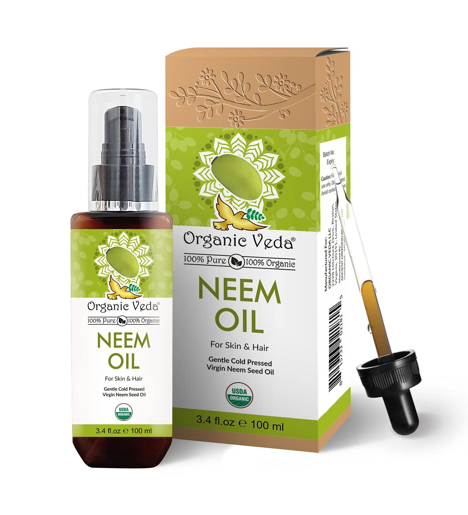 Organic Veda Neem Oil - 100% Pure USDA Organic Cold Pressed Oil for Skin & Hair (3.4 fl.oz) - Buy Online on GoSupps.com
