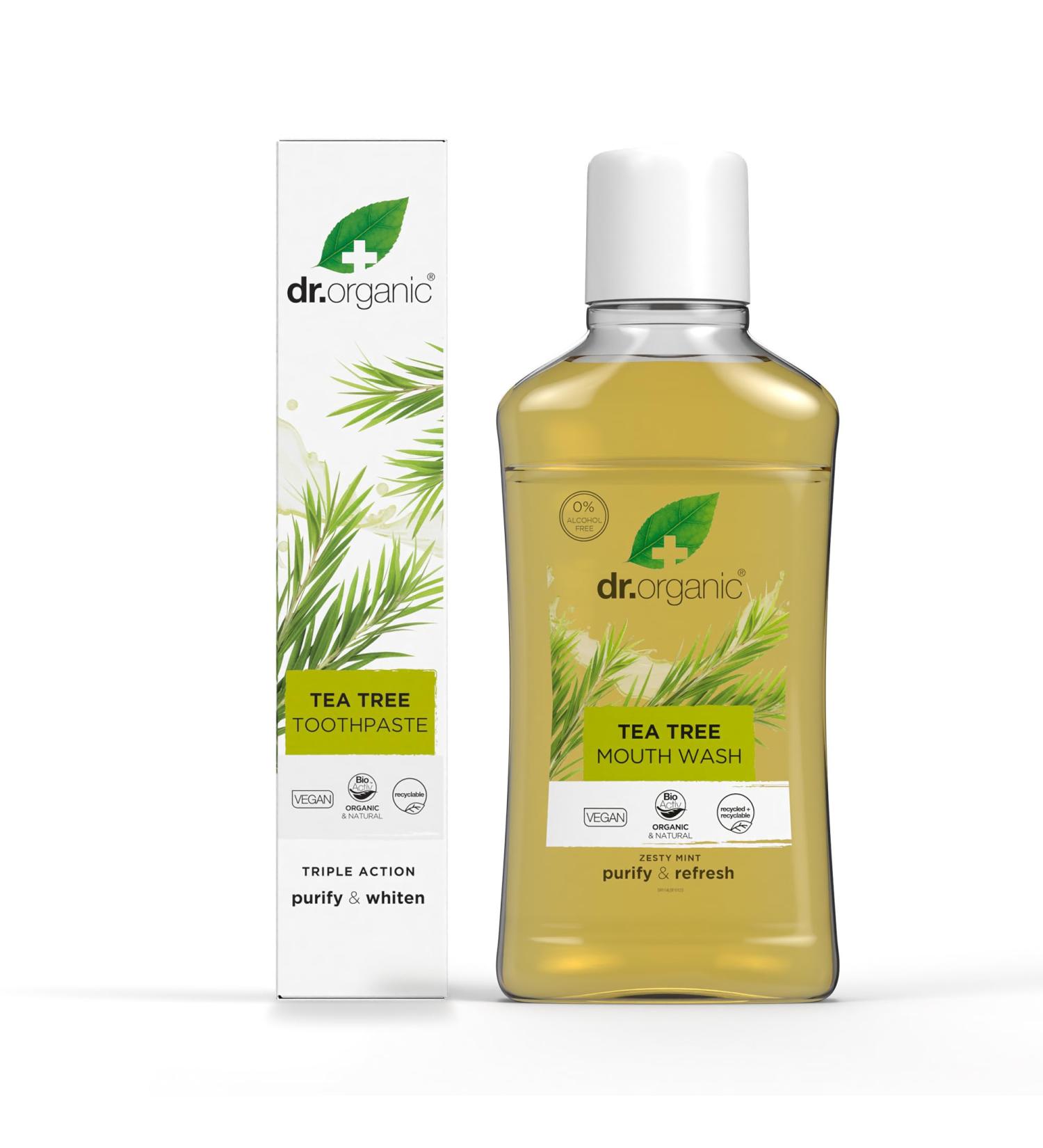 Dr Organic Tea Tree P te dents 100 ml & Mouthwash 500 ml Sans alcool naturel Bad Breath & Healthy Gums paraben & SLS Free v g talien - Buy Online on GoSupps.com