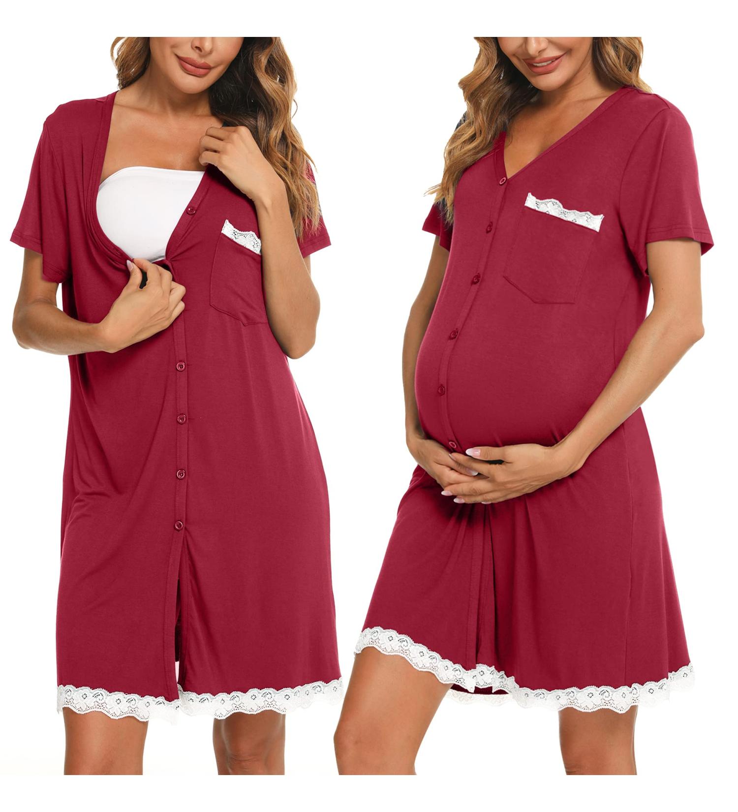 Uniexcosm Maternity Nursing Nightdress - Women's Short Sleeve Nightwear in Soft Wine Red Stripe - Button Down Nightgown for Comfortable Sleep - Maternity Pyjamas Nightshirt - Buy Online on GoSupps.com