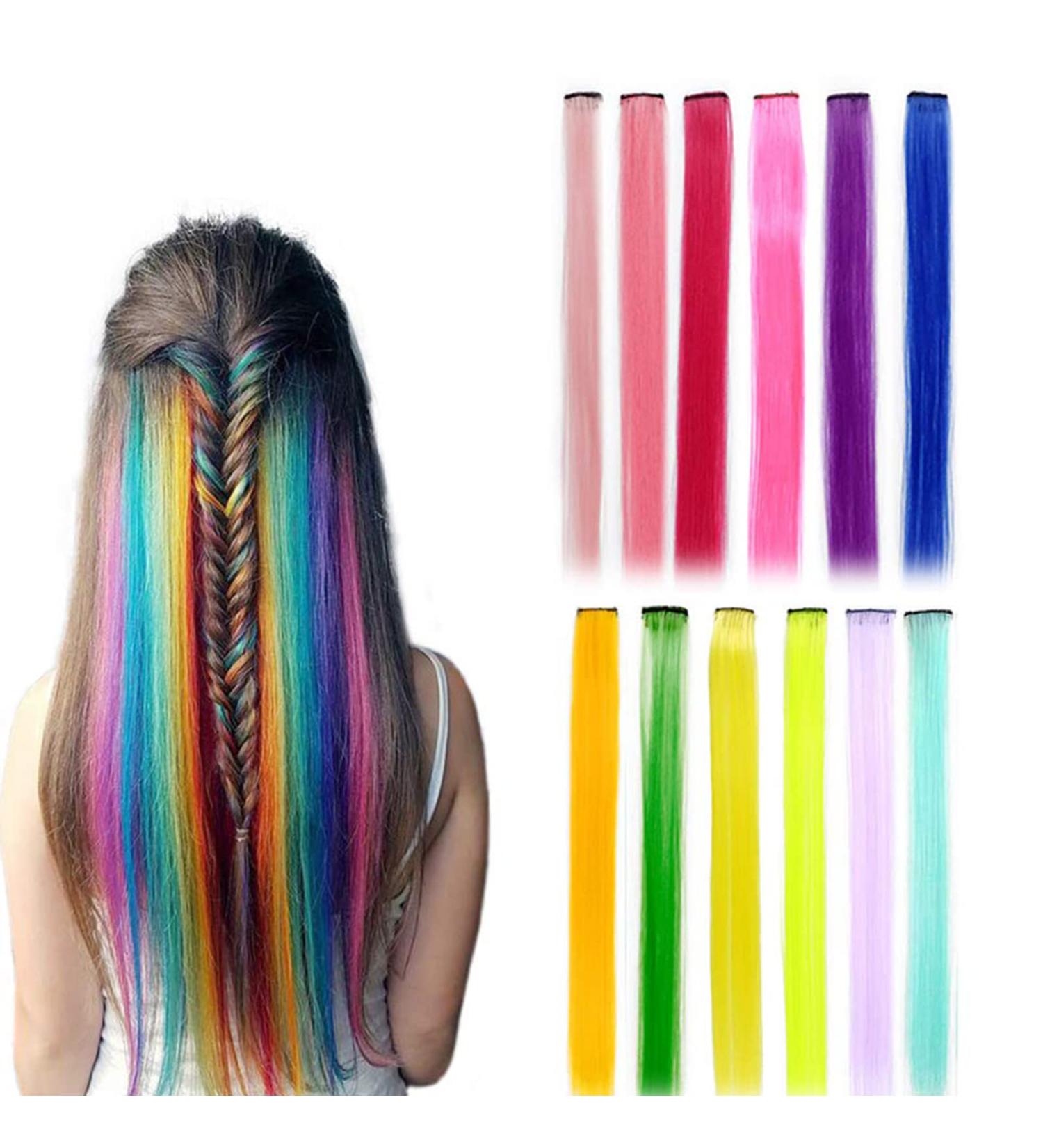 12 Pieces Colored Hair Extensions Clips - Colorful Straight Hairpieces for Girls & Women | Party Highlight Wigs - Buy Online on GoSupps.com