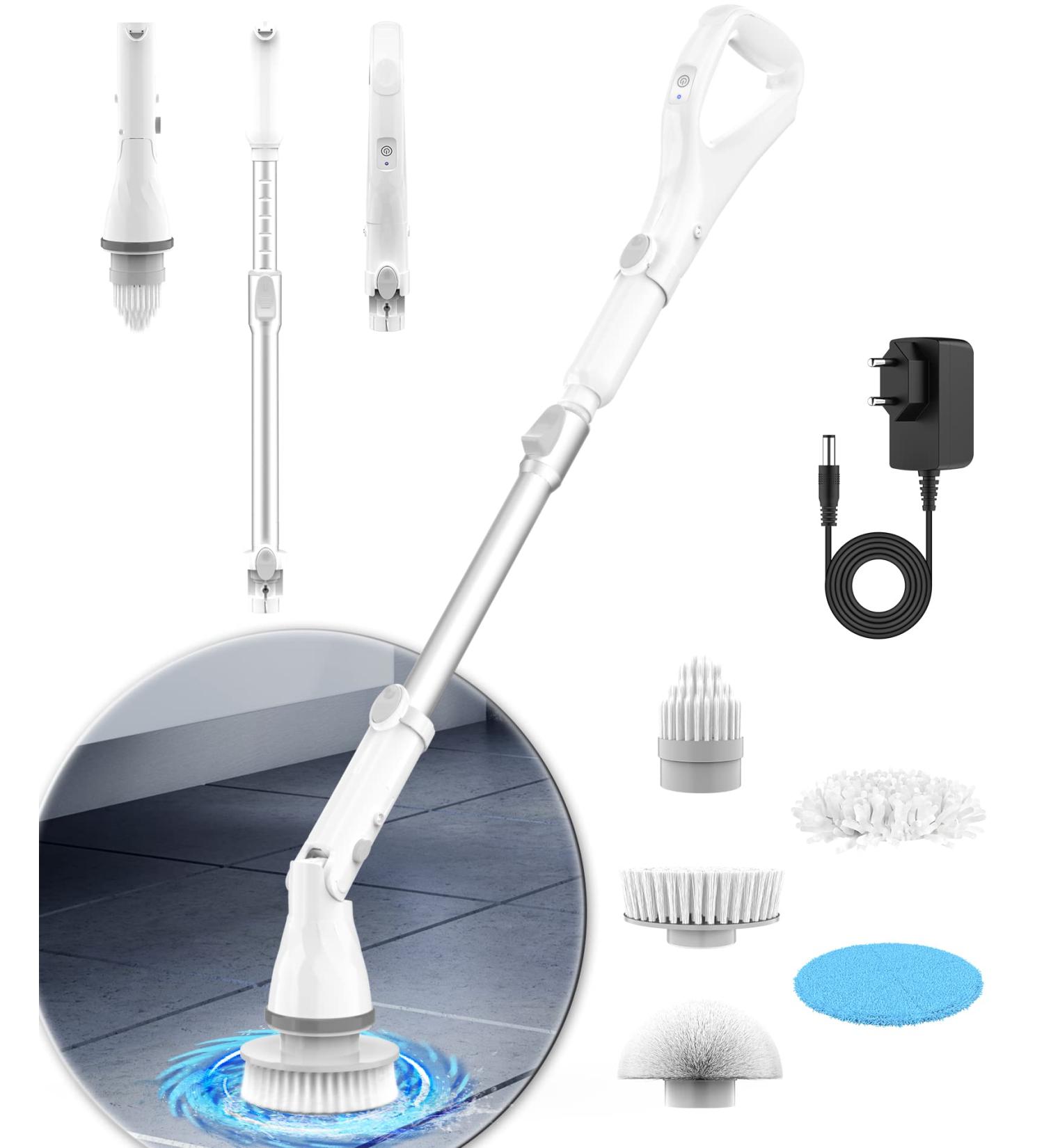 SCARSON Electric Spin Scrubber with Ergonomic Handle and 2 Speed Settings - Ideal for Bathroom Cleaning - Includes 5 Replaceable Brush Heads (White) - Buy Online on GoSupps.com