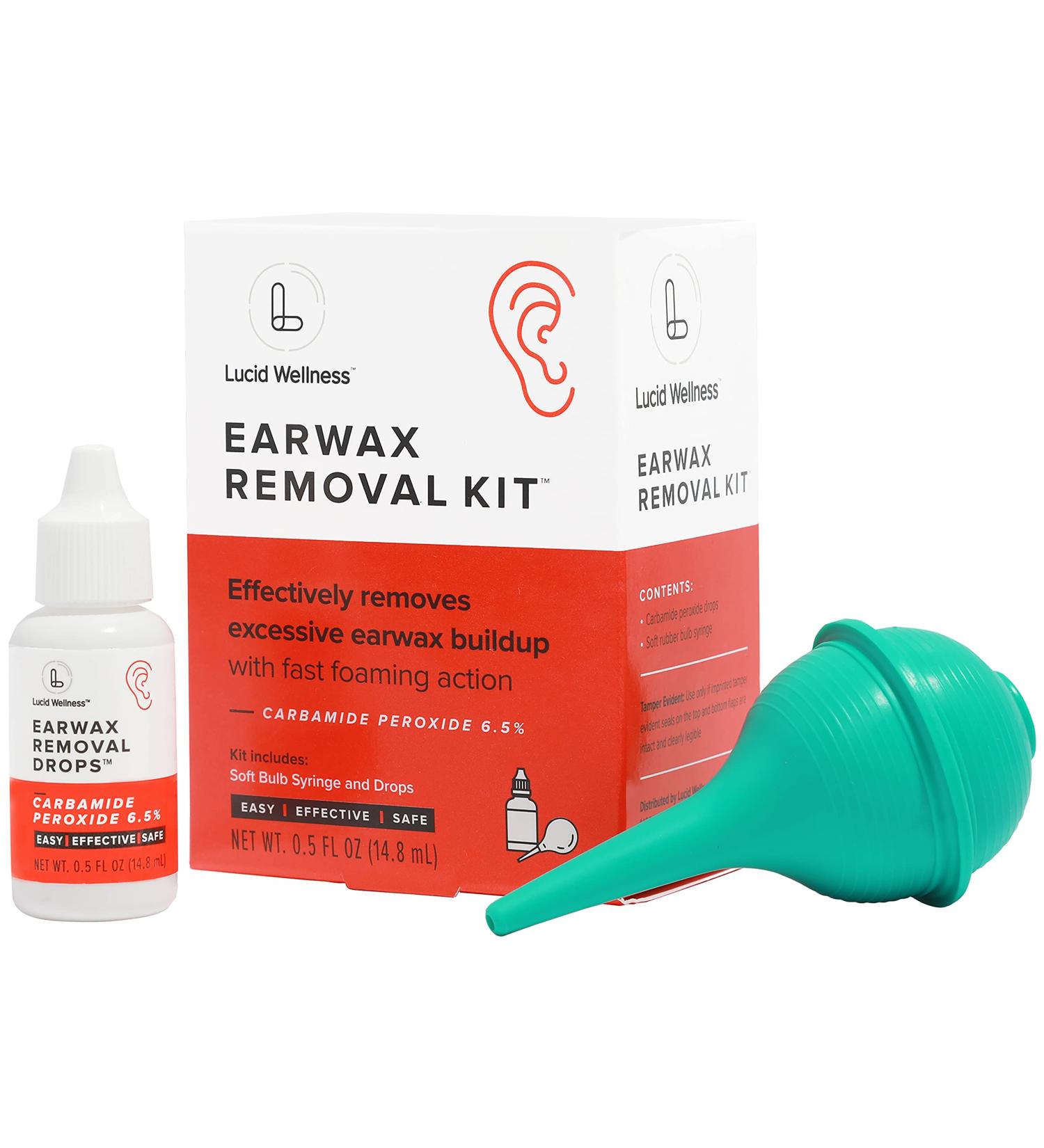 Lucid Wellness Ear Wax Removal Kit - 6.5% Urea Hydrogen Peroxide Drops - Ear Cleaner Foaming Formula for Adults - Bulb Syringe Tool Included - Buy Online on GoSupps.com