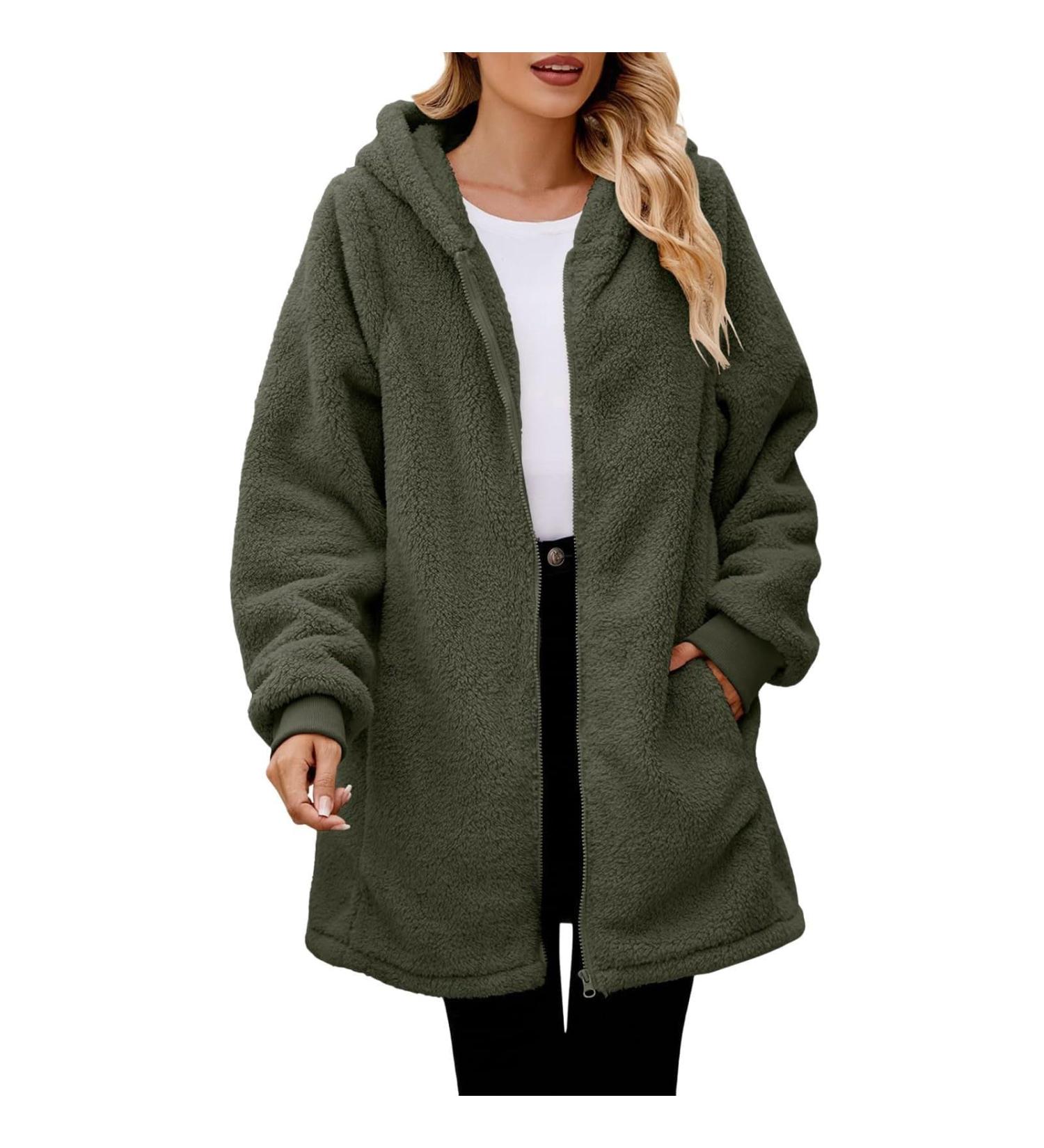 Hanxiulin Fleece Plush Jacket for Women | Warm Zipper Wool Jacket | Long Casual Winter Coat - Buy Online on GoSupps.com