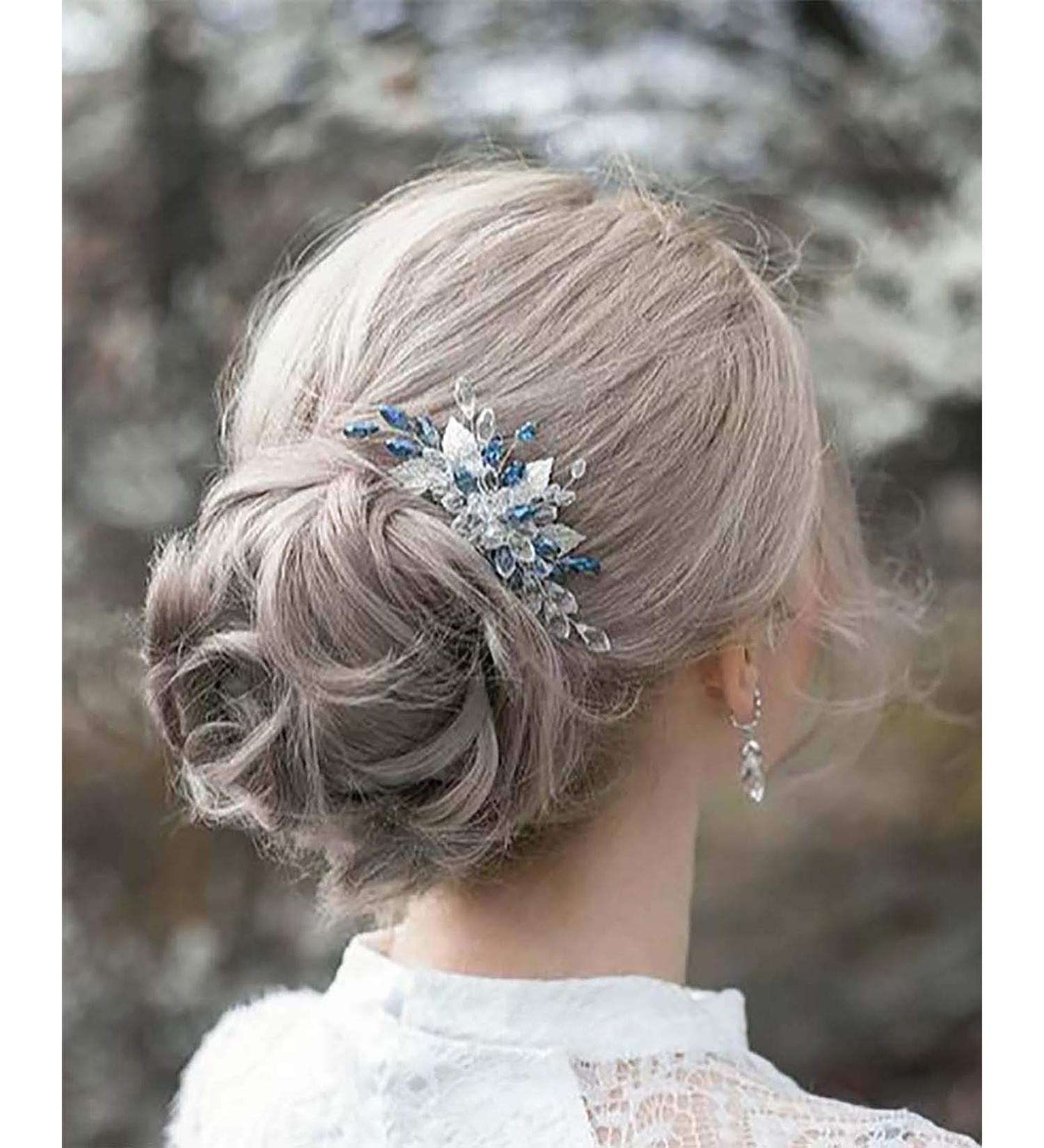 Edary Bridal Silver Wedding Hair Combs - Blue Pearl Headpiece Leaf Hair Clips & Rhinestone Accessories for Women & Girls - Shop Internationally - Buy Online on GoSupps.com