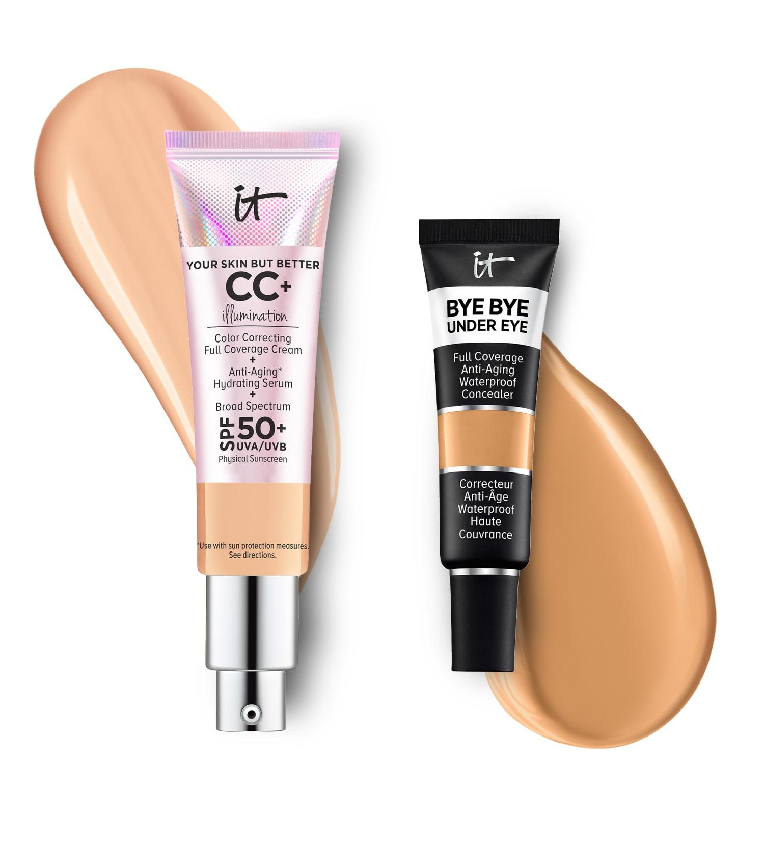 IT Cosmetics CC+ Cream Illumination with SPF 50+ Radiant Full Coverage Foundation (Neutral Medium- 1.08 fl oz) & Bye Bye Undereye Concealer Anti-Aging Makeup (23.5 Medium Amber - 0.4 fl oz) - Buy Online on GoSupps.com