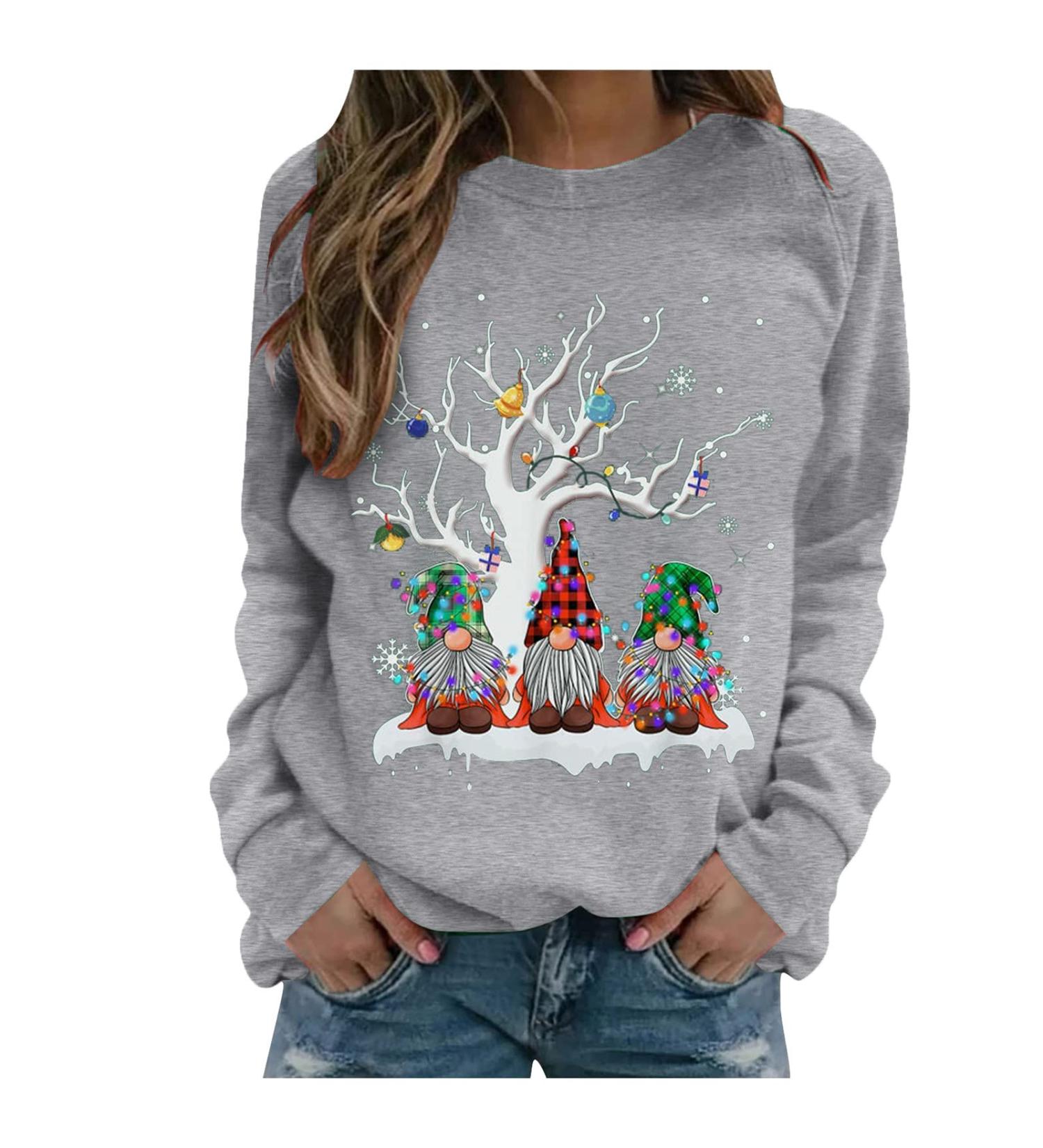 Women's Soft Long Sleeve Graphic Sweatshirt - Round Neck Blouse Pullover | Grey, Size Small - Buy Online on GoSupps.com