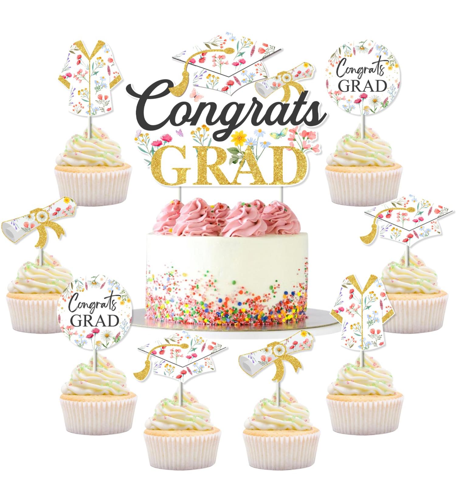 Graduation Party Decorations for Girls - 25pcs Wildflower Congrats Grad Cake Topper Cupcake Toppers Floral Cake Decorations for Class of 2024 Congrats Grad Graduation Party - Buy Online on GoSupps.com