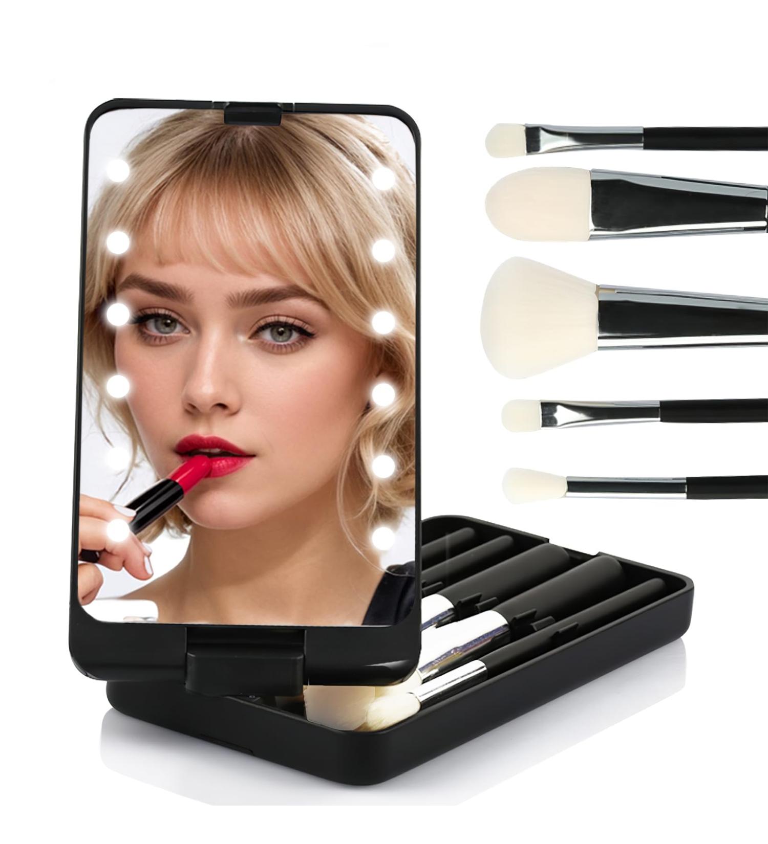Pocket Mirror with Five Makeup Brushes Led Compact Travel Makeup Mirror Rechargeable Dimmable Portable Makeup Small Mirror with Light for Purse Handbag Pocket Gifts Folding Handheld (Black) - Buy Online on GoSupps.com