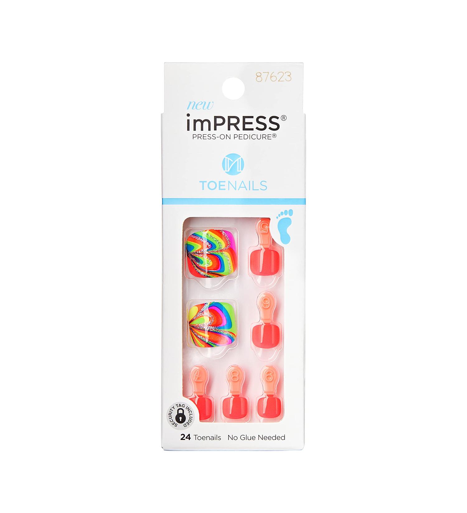 KISS imPRESS Sugarpop Square Press-On Pedicure Nail Kit | Glittery Multicolored Toenails + Prep Pad, Nail File, Cuticle Stick, 24 Nails - Buy Online on GoSupps.com