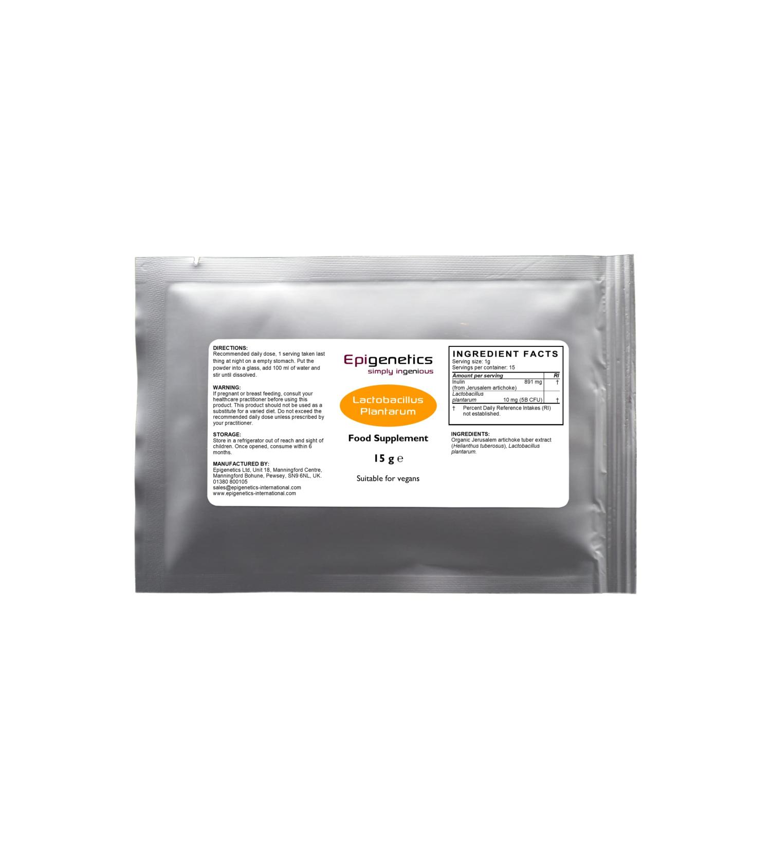 Lactobacillus Plantarum 15g | 5 Billion CFU Probiotic + Jerusalem Artichoke Prebiotic (Inulin) | Vegan Friendly Powder UK Made | 1g Daily (15 Servings)