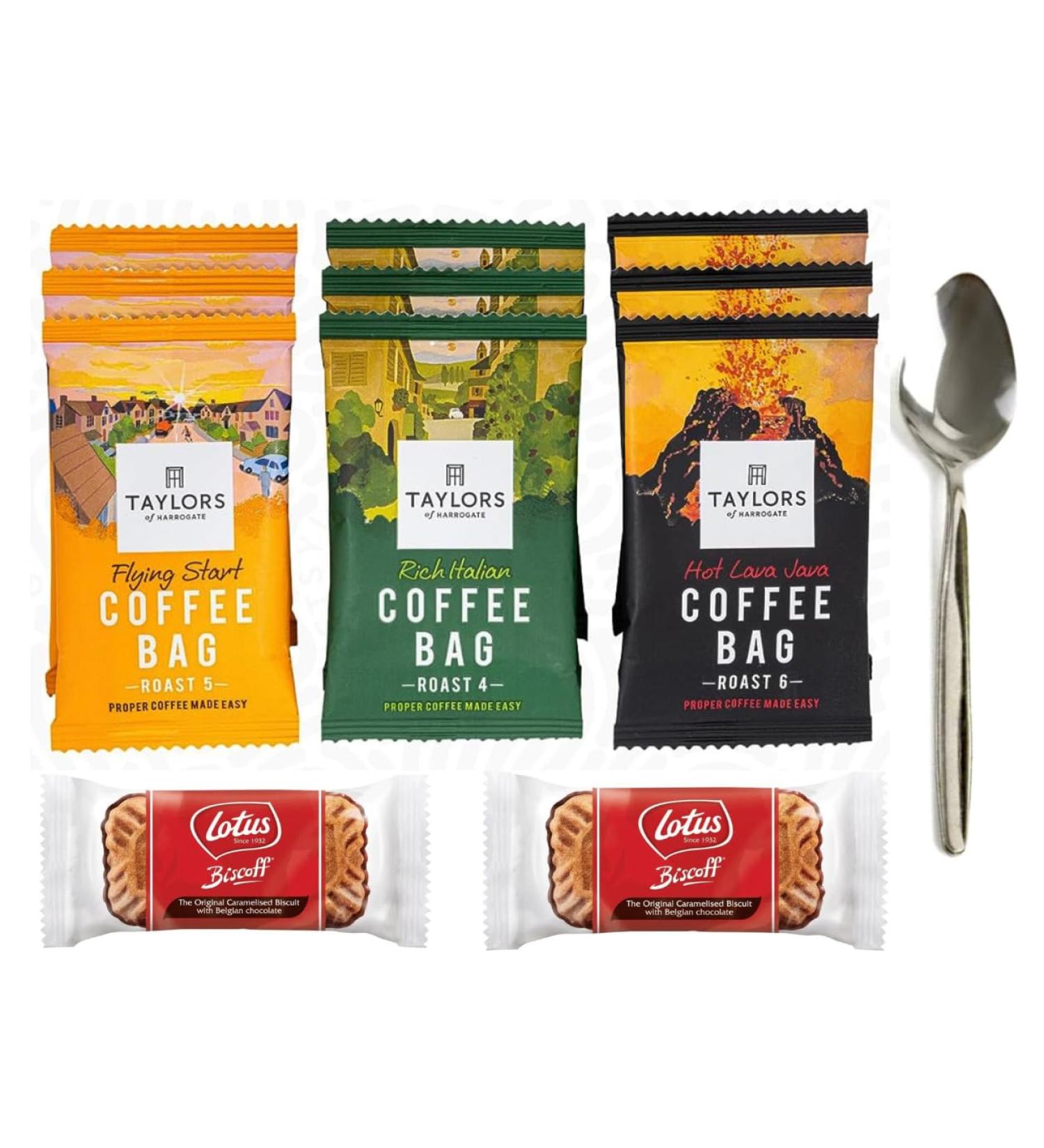 9 Taylors Coffee Sachets Stainless Spoon and 6 Lotus Biscoff with Belgian Chocolate Postable GiftBox Sweet Hamper - Buy Online on GoSupps.com