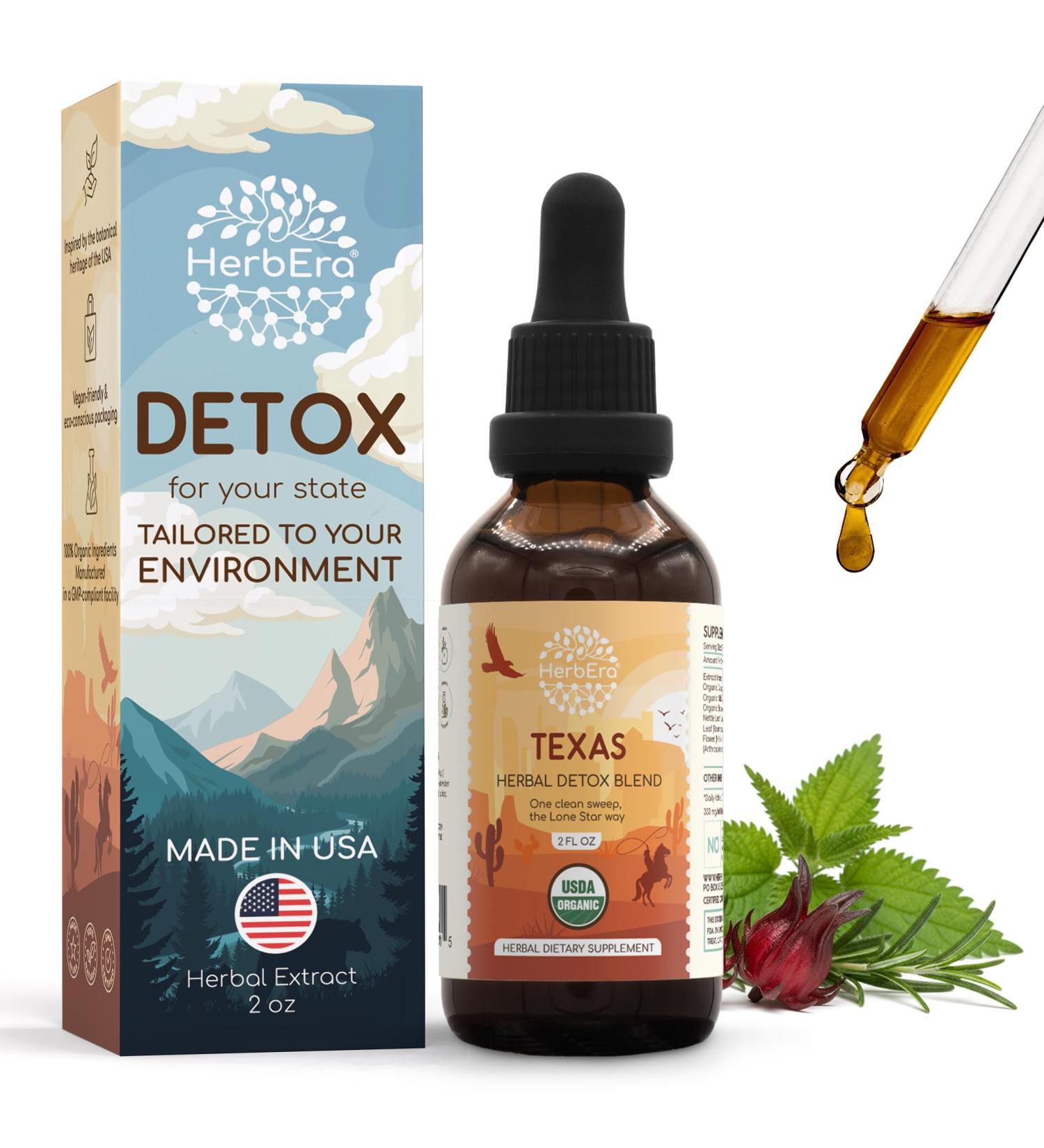 HerbEra Texas Herbal Detox Blend - USDA Organic Extract Made in USA | Immune & Liver Support Liquid Drops | Burdock Dandelion Root Milk Thistle Hibiscus Rosemary Spirulina | 2 fl oz - Buy Online on GoSupps.com