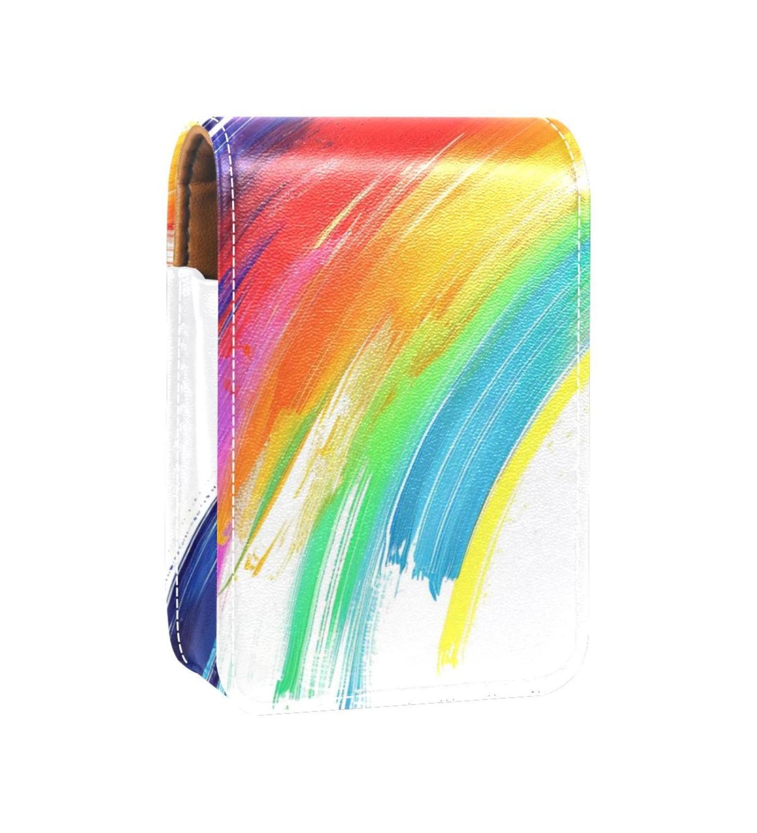 Stylish Leather Lipstick Case Organizer with Mirror | Mini Lip Gloss Holder Bag - Watercolor Lines Rainbow Design - Buy Online on GoSupps.com