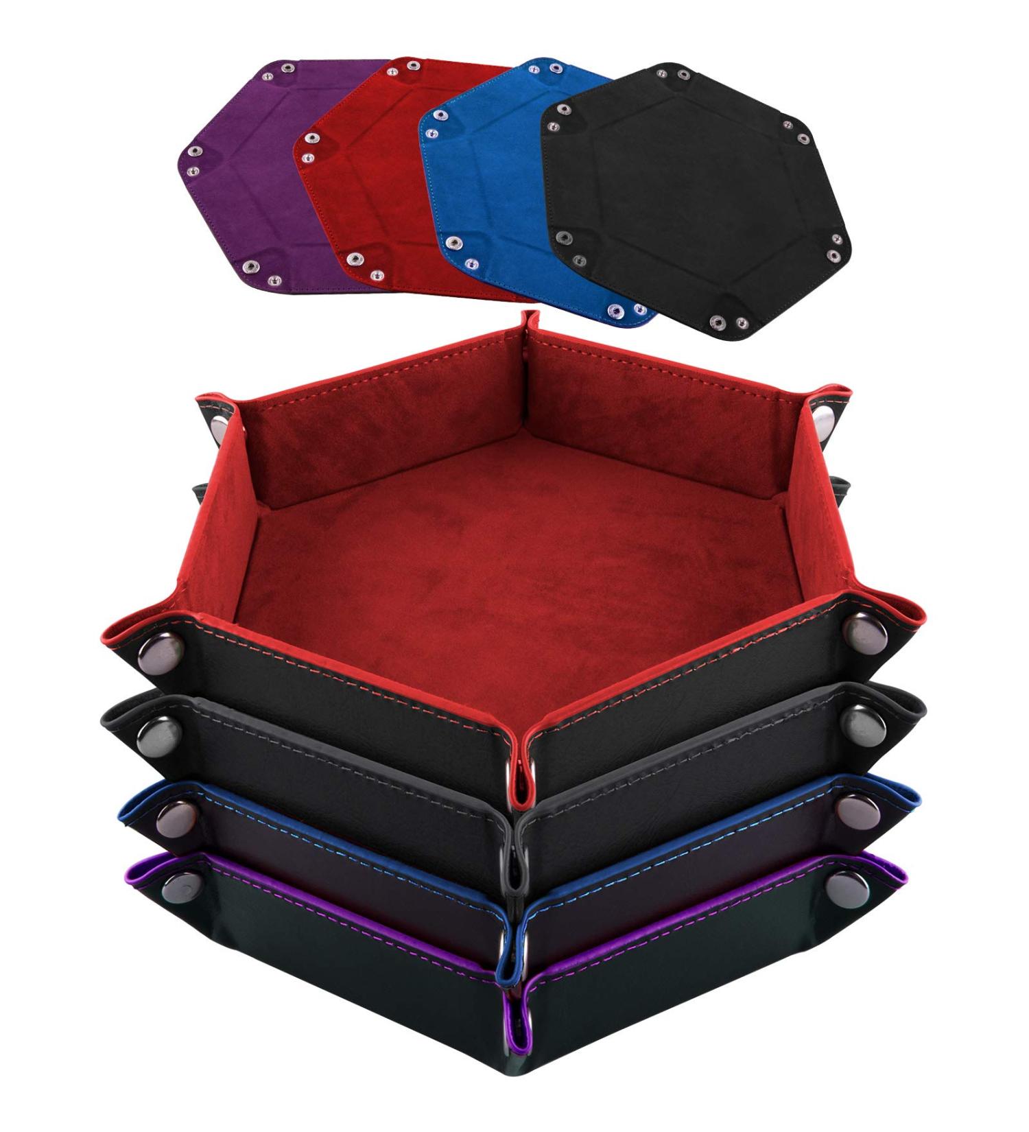 Siquk 4-Piece Foldable Hexagon Dice Tray Set - PU Leather Dice Holder for RPG, DND, Table Games - Red, Black, Blue, Violet - Buy Online on GoSupps.com
