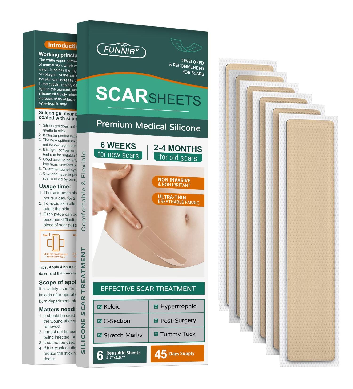 FUNNIR Silicone Scar Sheets Tape Strips - Heal Keloid & Surgery Scars - C-Section Tummy Tuck Treatment - 6 Pack - Buy Online on GoSupps.com