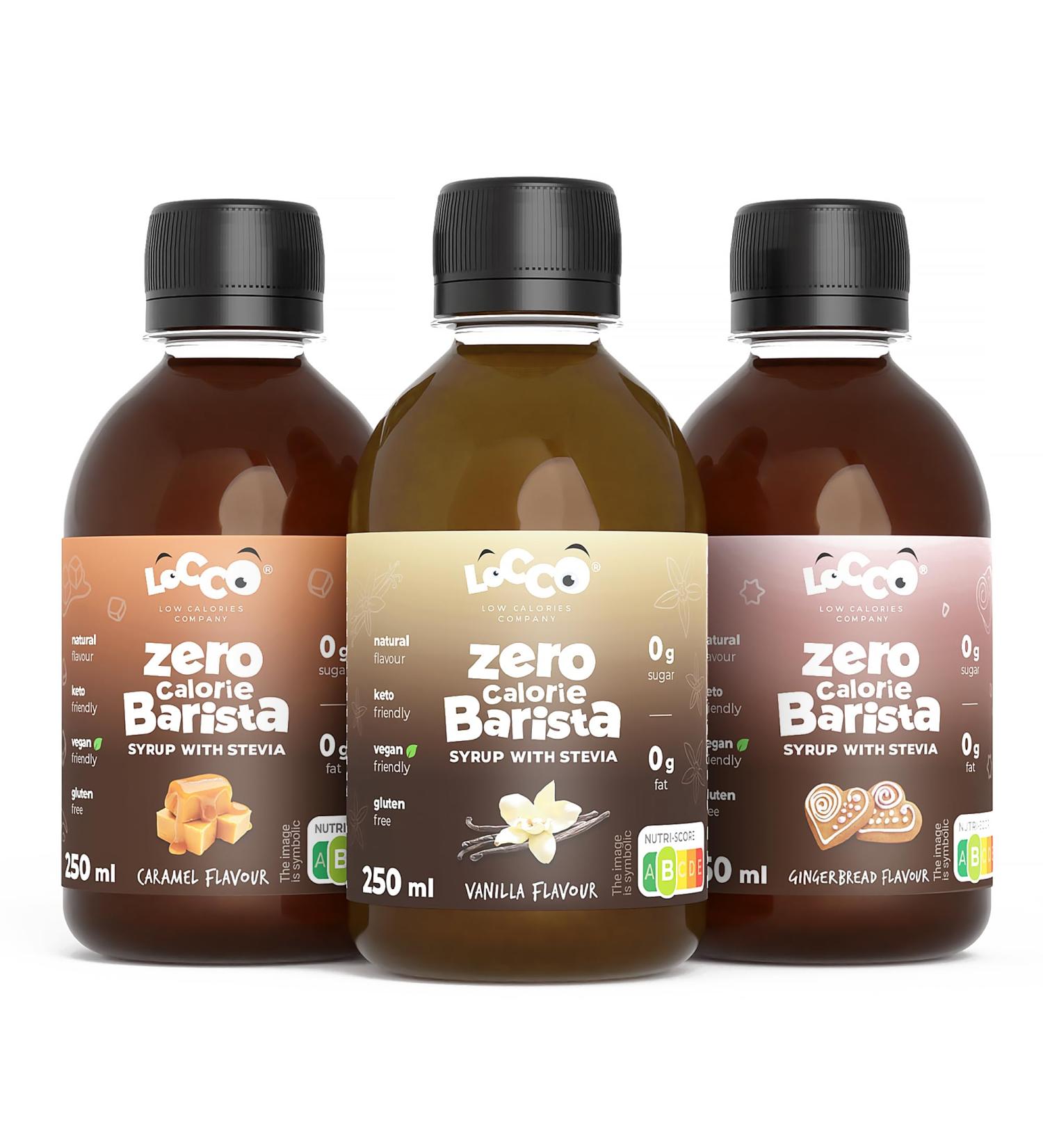 Locco Calorie-Free Barista Syrup with Stevia | Vegan Keto Gluten-Free | Sugar-Free Coffee Syrup | Zero Calories | Vanilla Caramel Gingerbread | 3x250 ml - Shop Now! - Buy Online on GoSupps.com