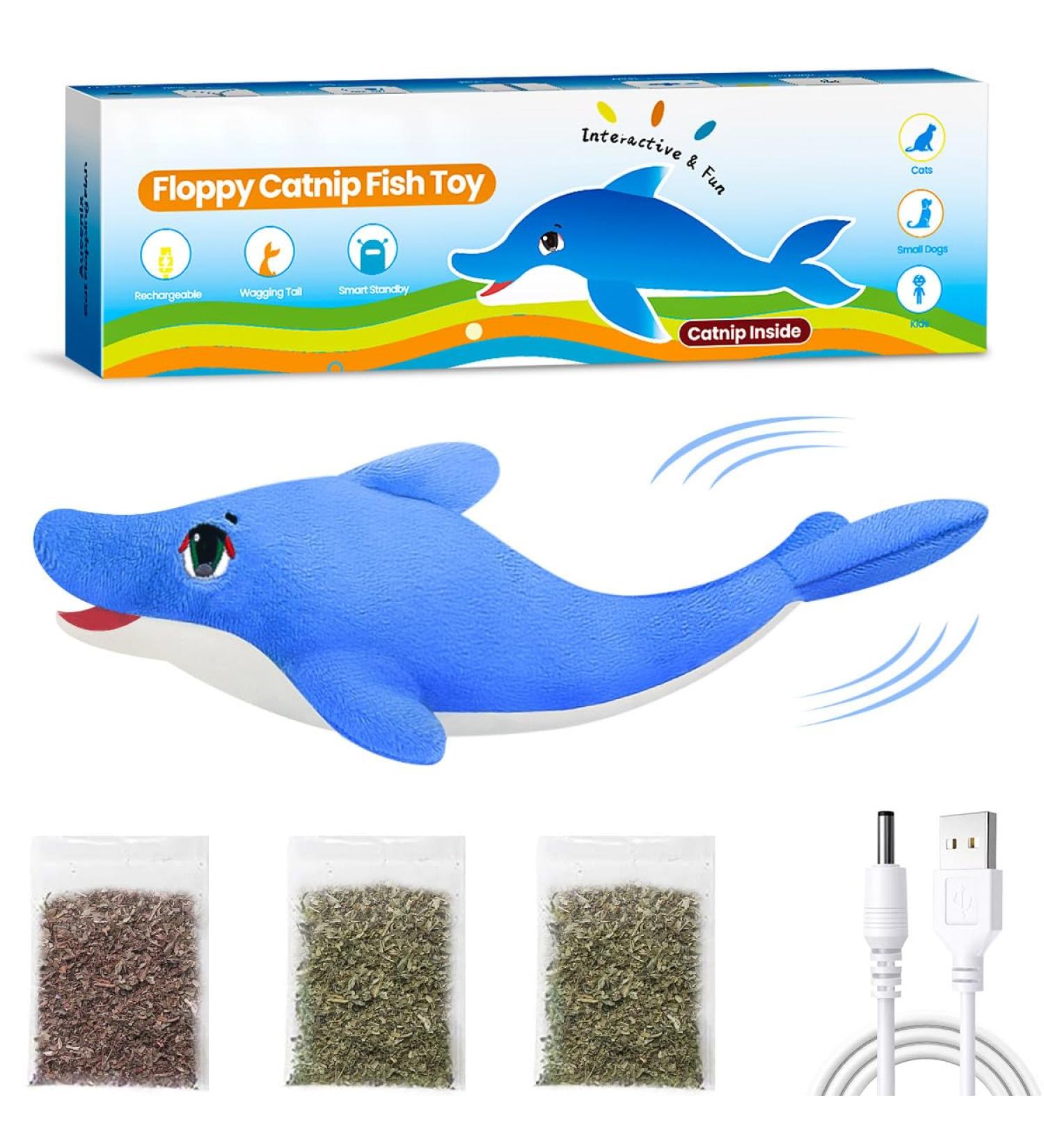 Floppy Fish Cat Toy - Interactive Electric Kitten Toy with Catnip, USB Charger, Realistic Flapping Motion - Dolphin Design - Buy Online on GoSupps.com