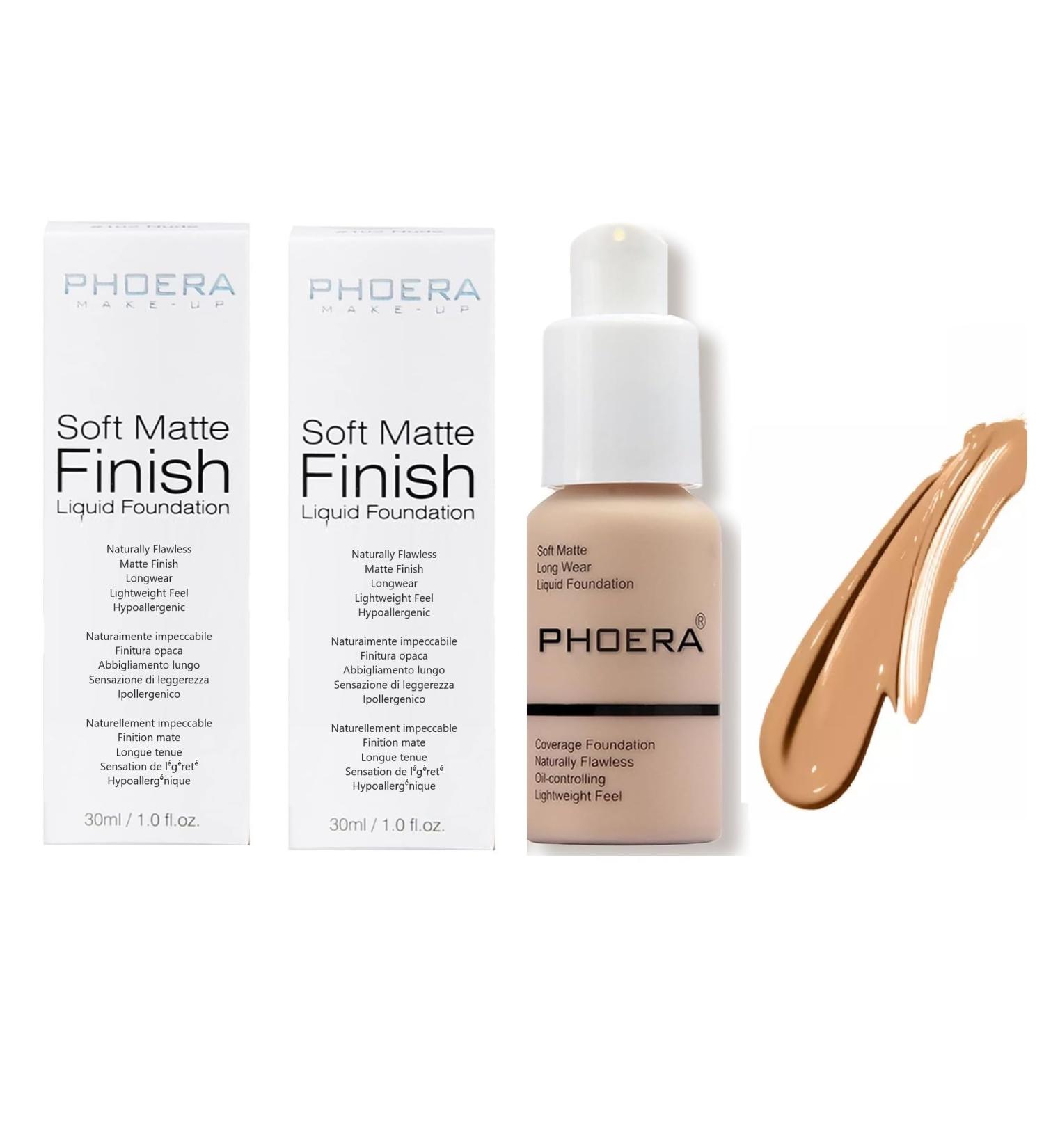 Phooera Fulll Coverage Liquid foundation Matte Finish Concealer Long wear 24hrs Oil Controlling Naturally Flawless Lightweigt Feel Buildable Fond de teint (2 X 105) - Buy Online on GoSupps.com