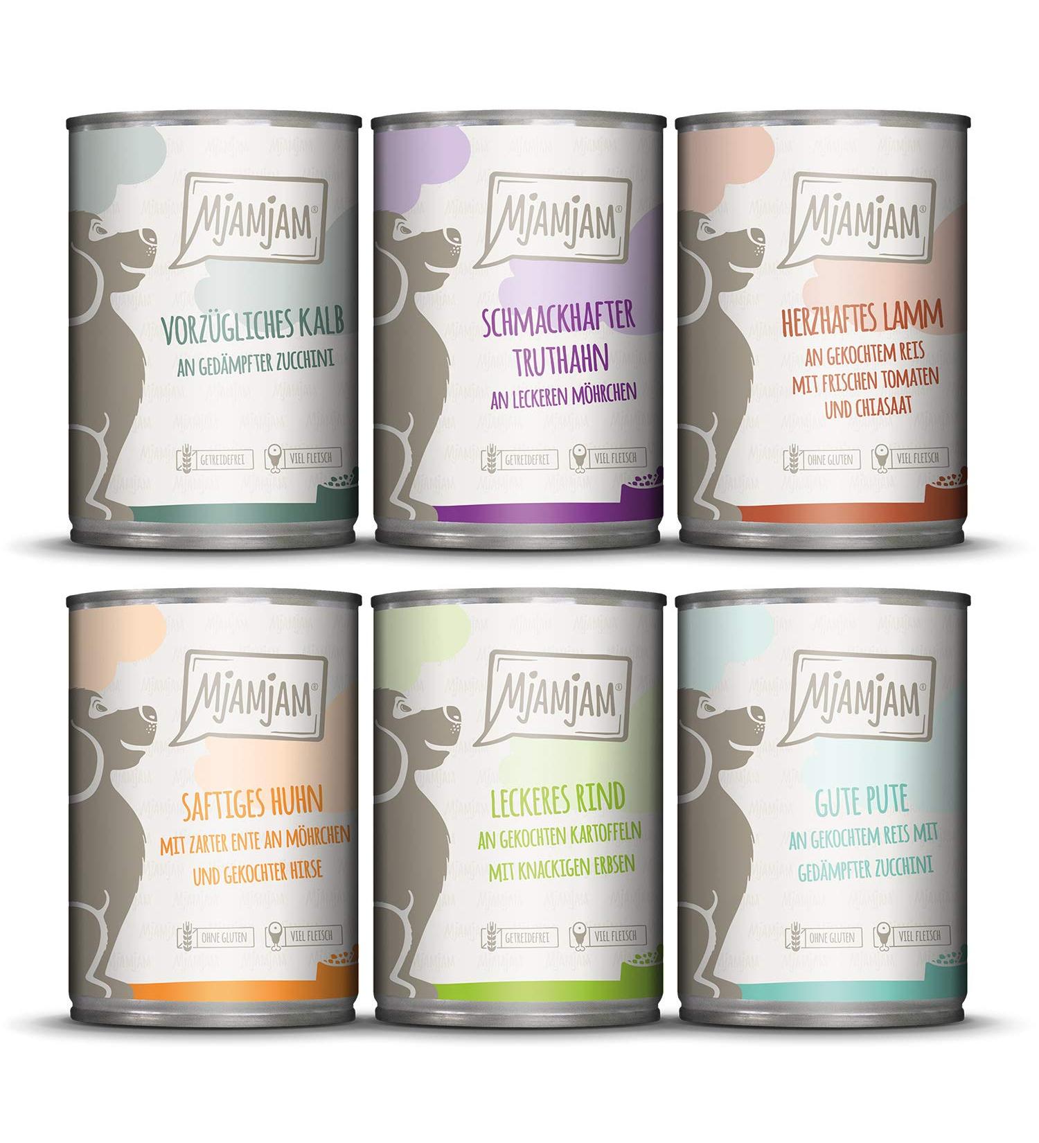 MjAMjAM - premium wet food for dogs - mixed pack II - with chicken & duck beef turkey veal turkey lamb 6 pack (6 x 400 g) natural with extra meat - Buy Online on GoSupps.com