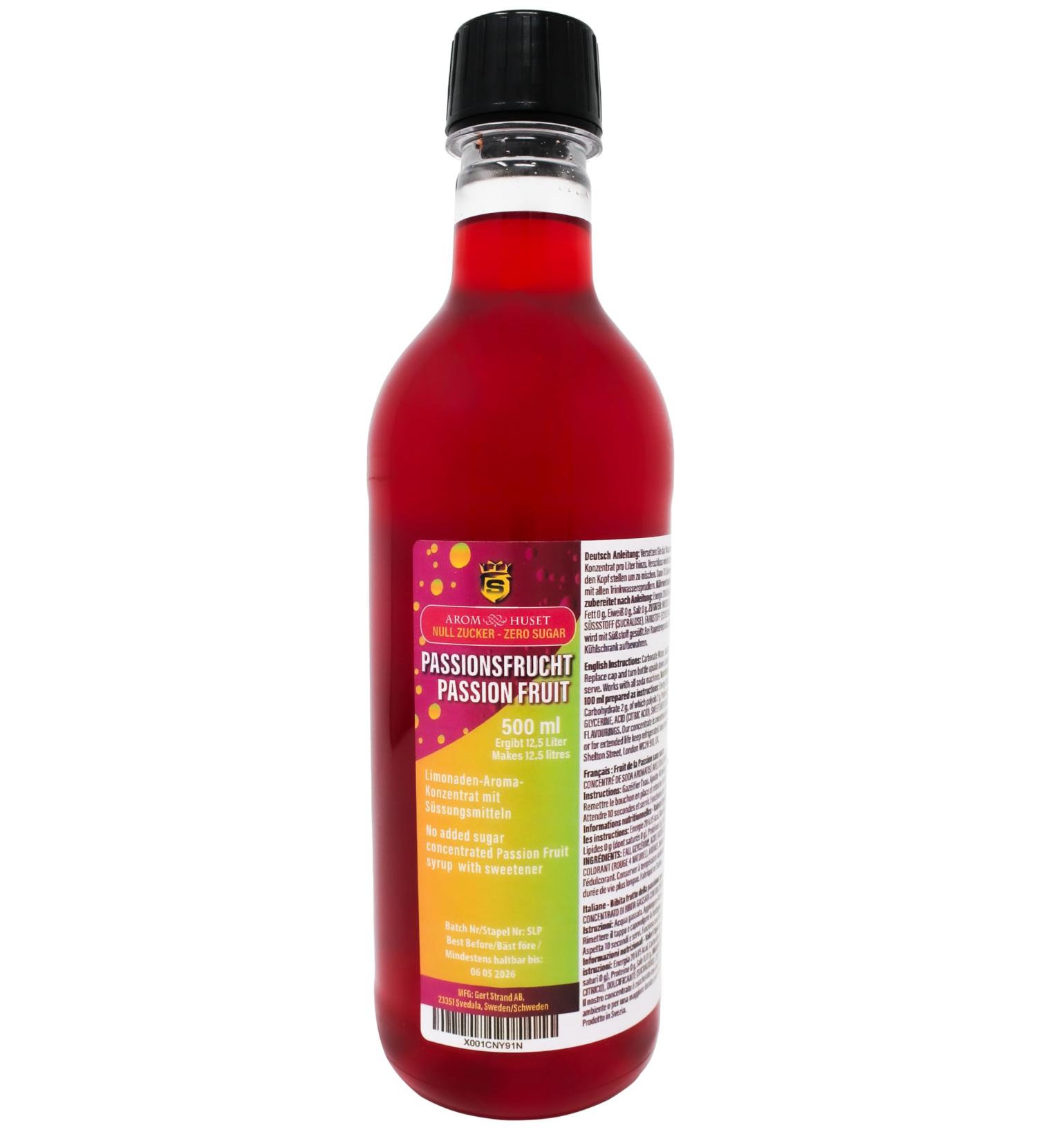 Zero Sugar Passion Fruit Soda Syrup Concentrate 500 ml from Aromhuset - Make 12.5 Litres of Sugar-Free Soft Drink by Adding Flavouring to Carbonated Sparkling Fizzy Water Zero Passion Fruit - Buy Online on GoSupps.com
