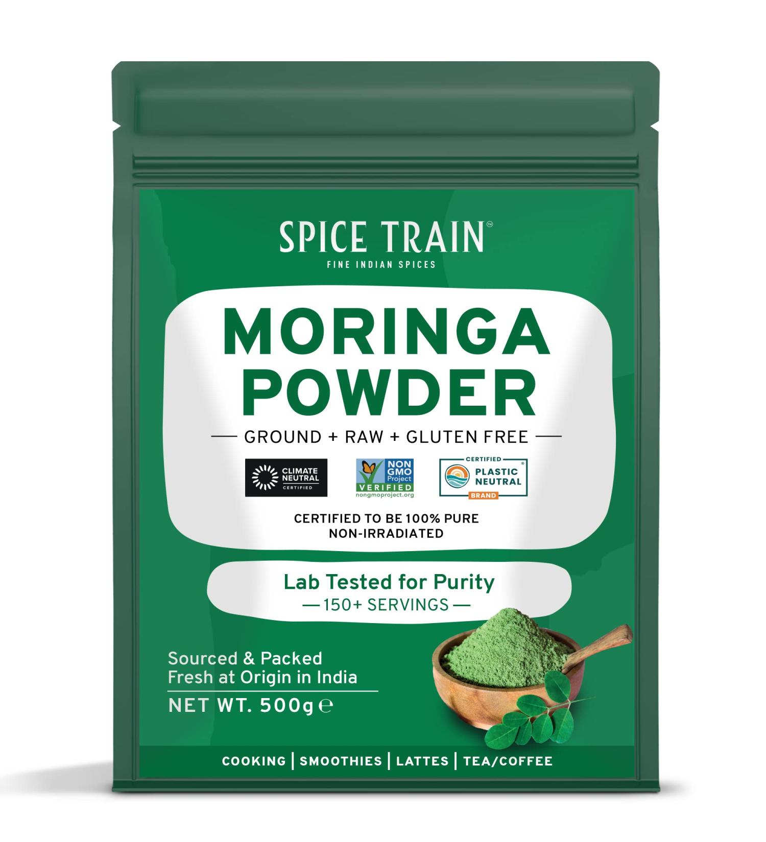 SPICE TRAIN Moringa Powder (500g/17.6oz) Pure Moringa Oleifera/Moringa Leaves | Resealable Zip Lock Pouch | Perfect for Cooking Smoothies Lattes & Moringa Tea - Buy Online on GoSupps.com