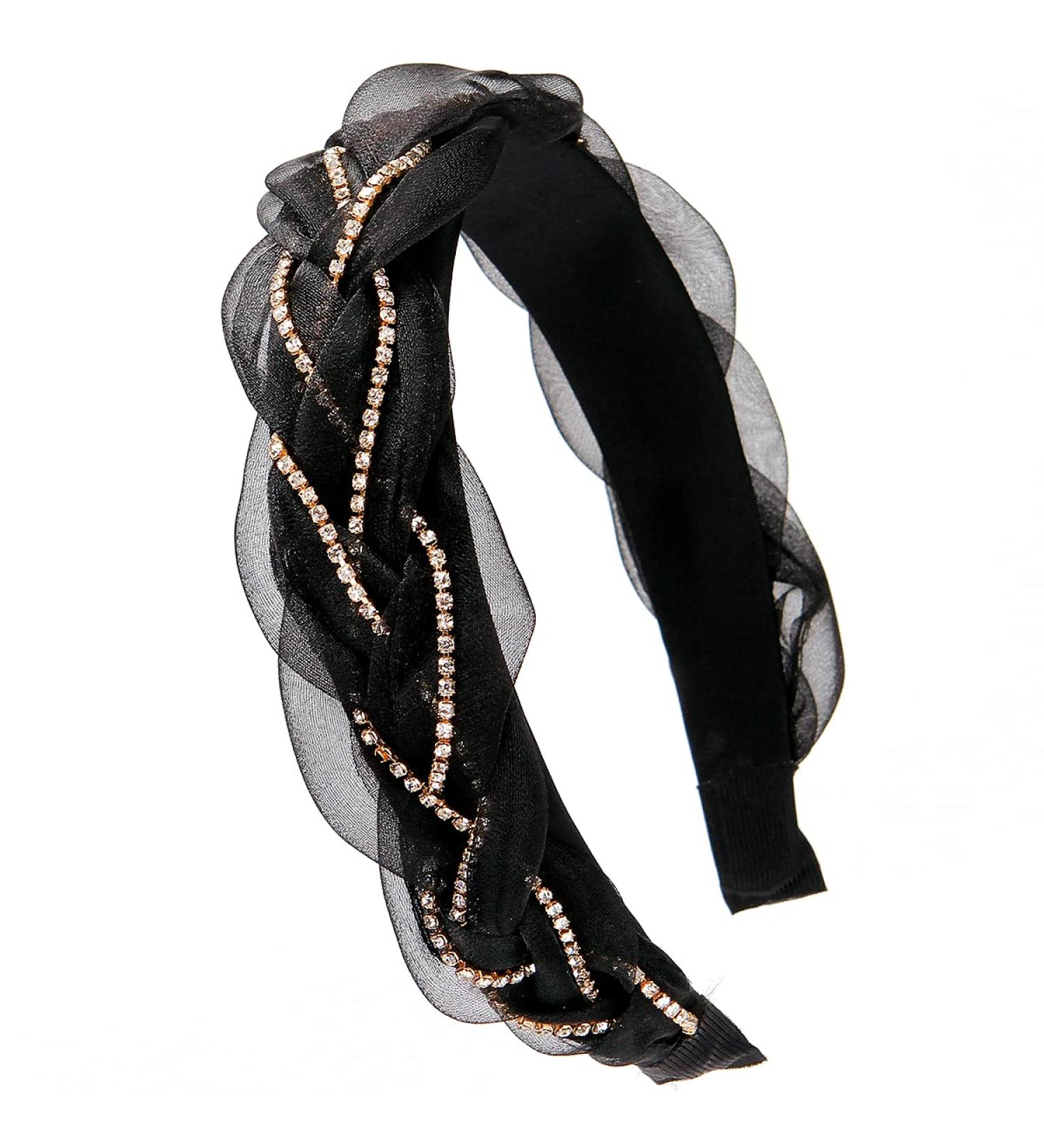 BOMTTY 1.2 Inch Wide Brim Solid Color Chiffon Headband with Rhinestone Weaving - Fashion Hair Accessory for Women and Girls (Black/White) - Buy Online on GoSupps.com