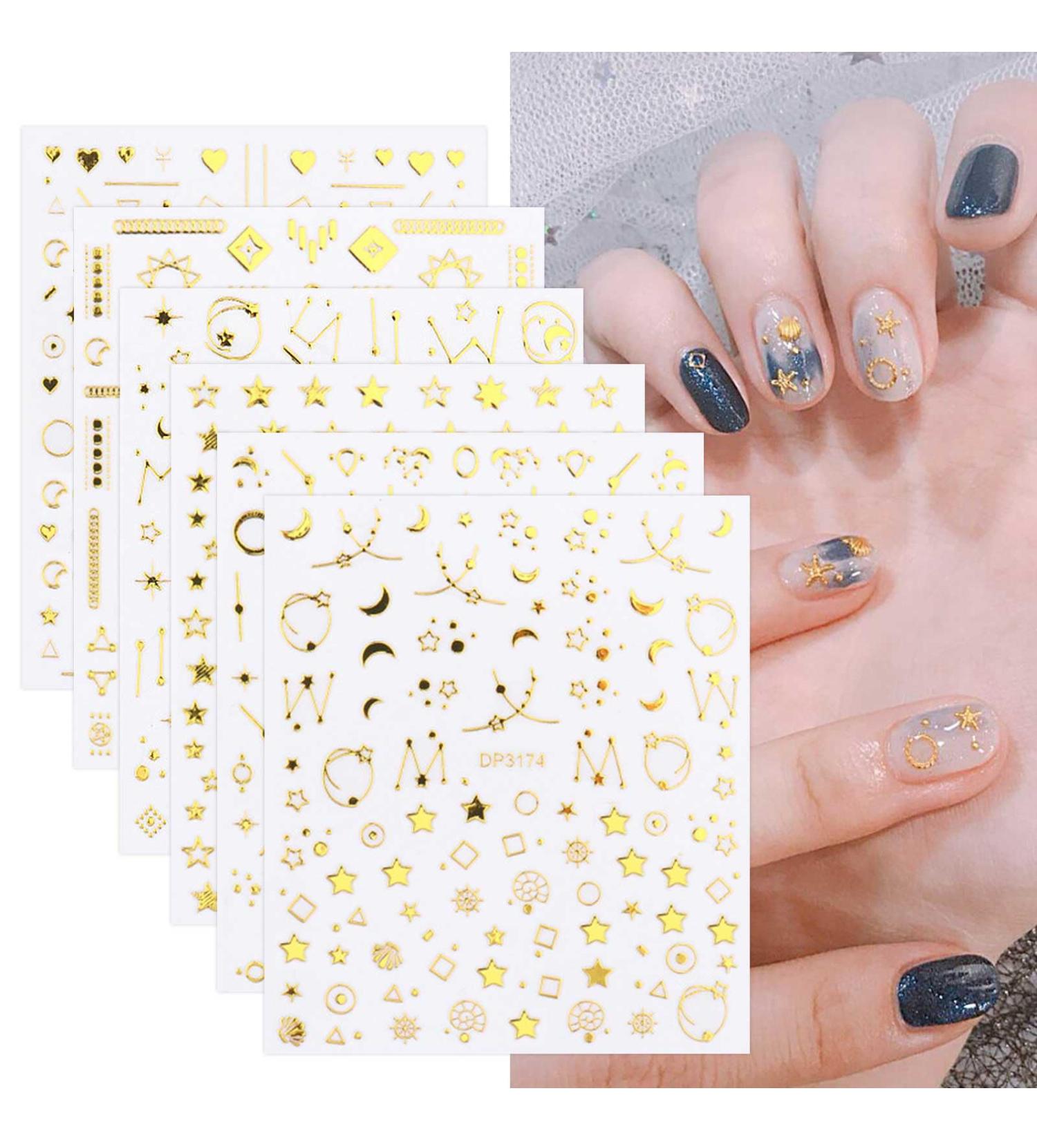 8 Sheets Gold Star Moon Nail Art Stickers Decals Self-Adhesive Metallic Ramadan Zodiac Design Manicure Tips Nail Decoration for Women Girls - Buy Online on GoSupps.com