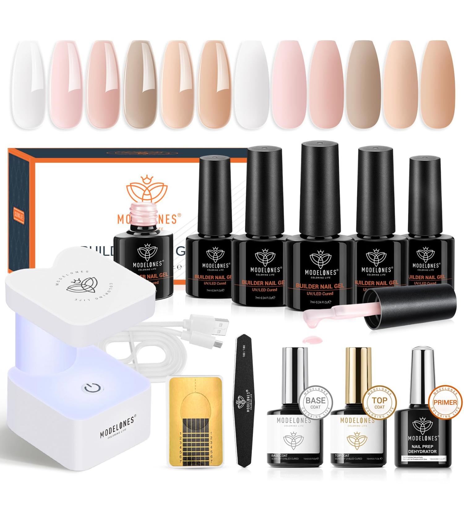 Modelones 6 Colors Nail Builder Gel Kit - Nude White Builder Gel Set with Mini Lamp & Forms - Buy Online on GoSupps.com