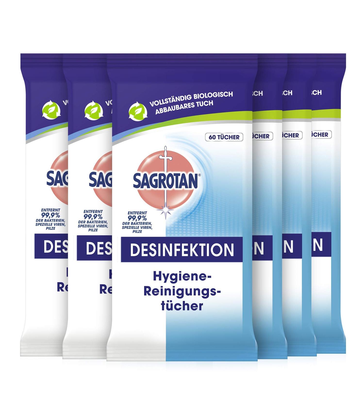 Sagrotan Hygiene Cleaning Towels - 6 x 60 Wet Wipes for Easy Surface Disinfection | Eco-Friendly Packaging - Buy Online on GoSupps.com