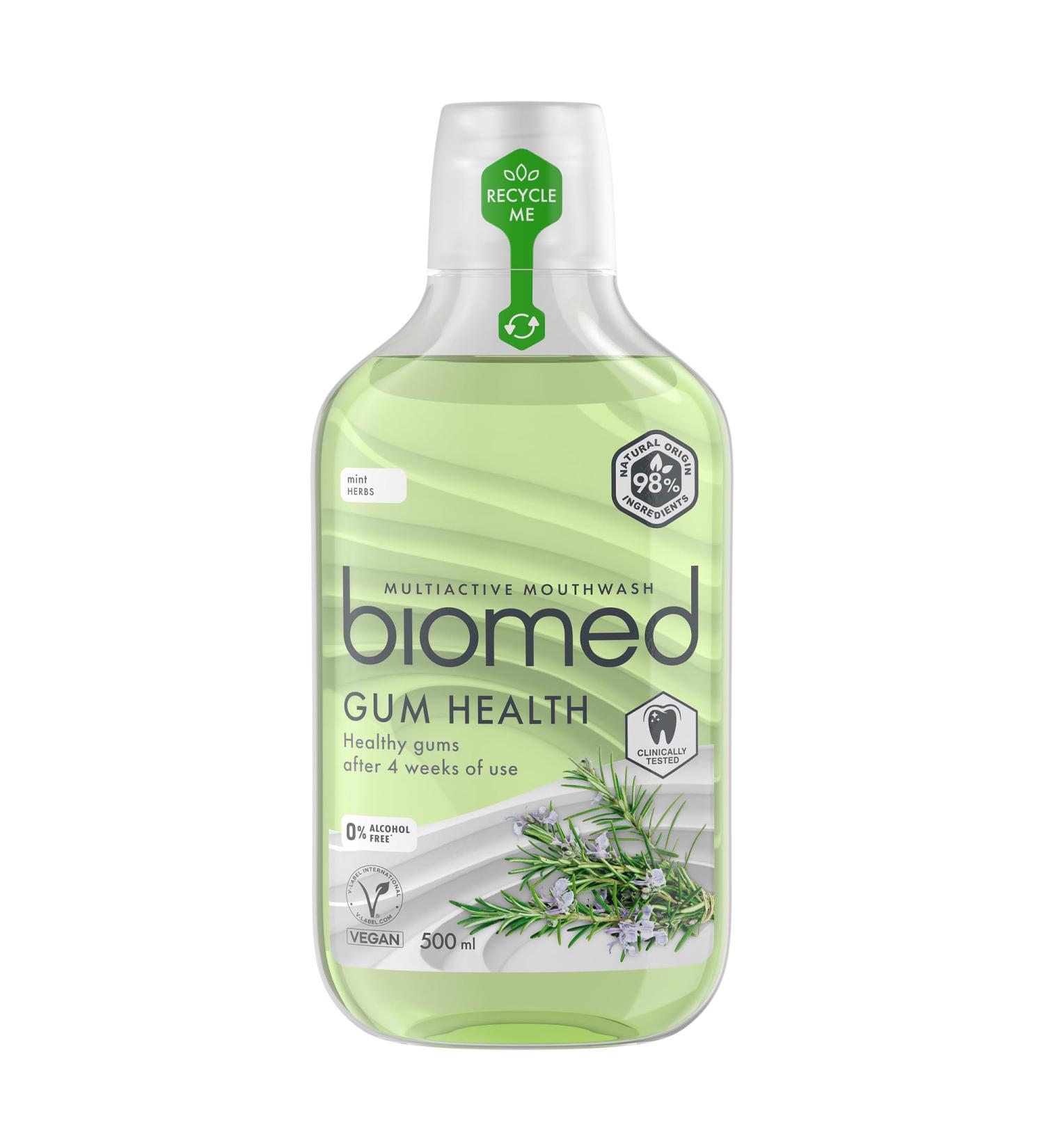 Rince-bouche apaisant BIOMED Gum Health l'eucalyptus et aux huiles essentielles pour des gencives saines - sans fluor - sans alcool-99% d'ingr dients naturels-saveur de menthe-paquet de 500 ml - Buy Online on GoSupps.com