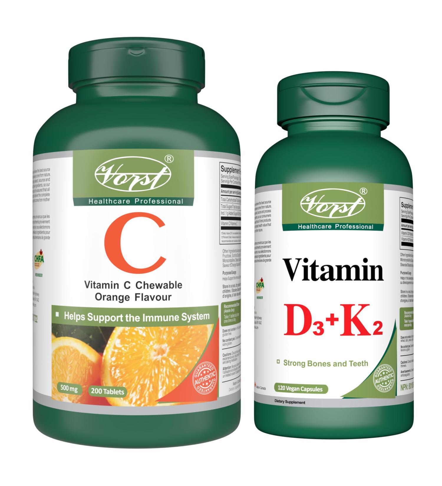 VORST Vitamin D3 + K2 and Vitamin C 200 Tablets (Combo Bundle 2 Bottles) - Buy Online on GoSupps.com